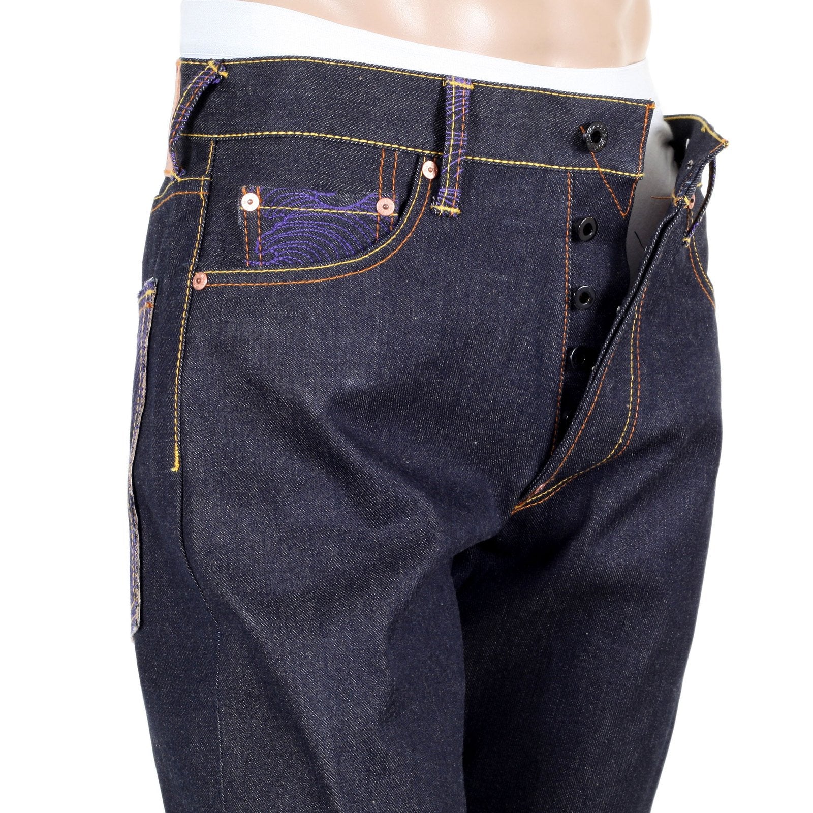 RMC JEANS EXCLUSIVE VINTAGE CUT LUCKY CAT EMBROIDERED DARK INDIGO RAW SELVEDGE DENIM JEANS REDM3255
