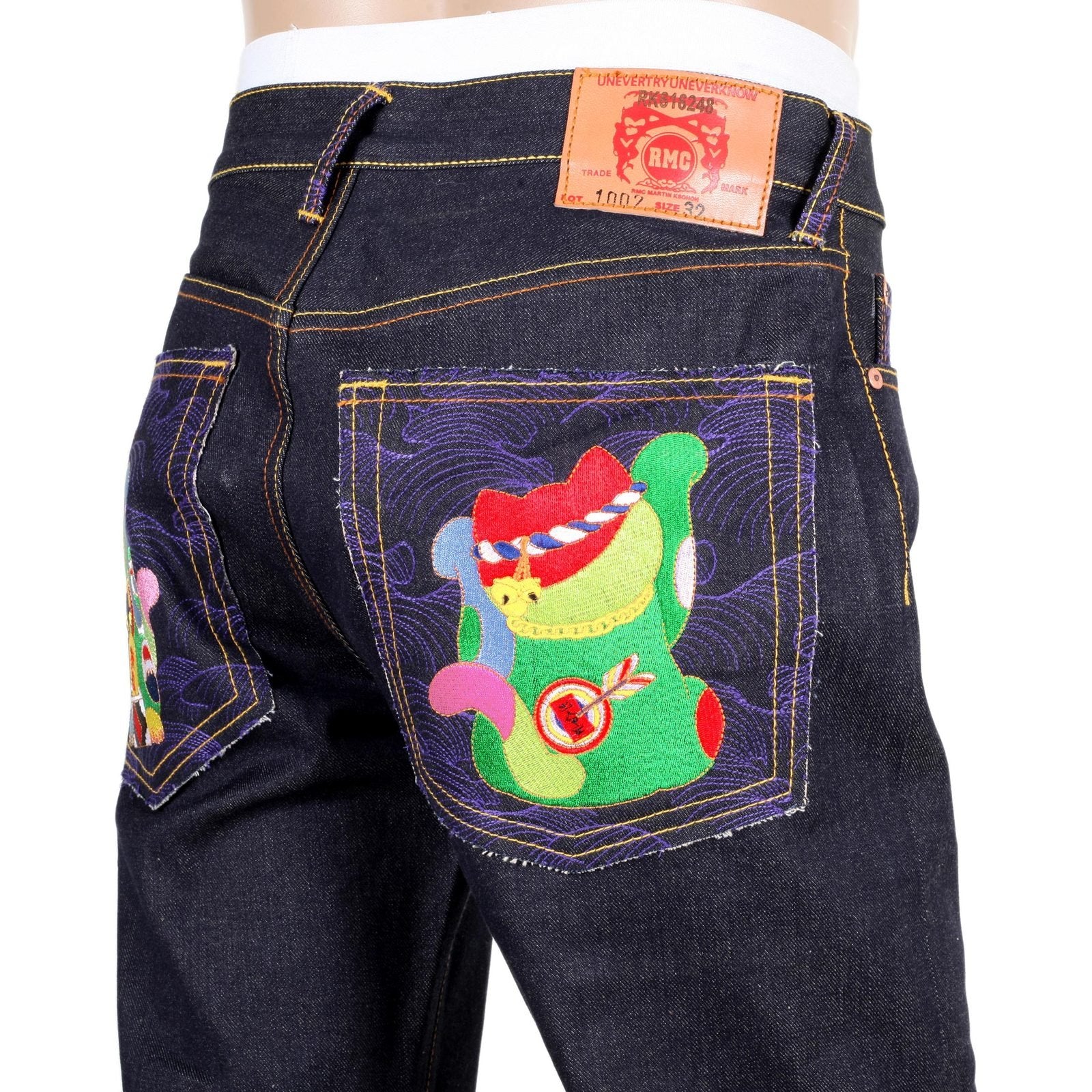 RMC JEANS EXCLUSIVE VINTAGE CUT LUCKY CAT EMBROIDERED DARK INDIGO RAW SELVEDGE DENIM JEANS REDM3255