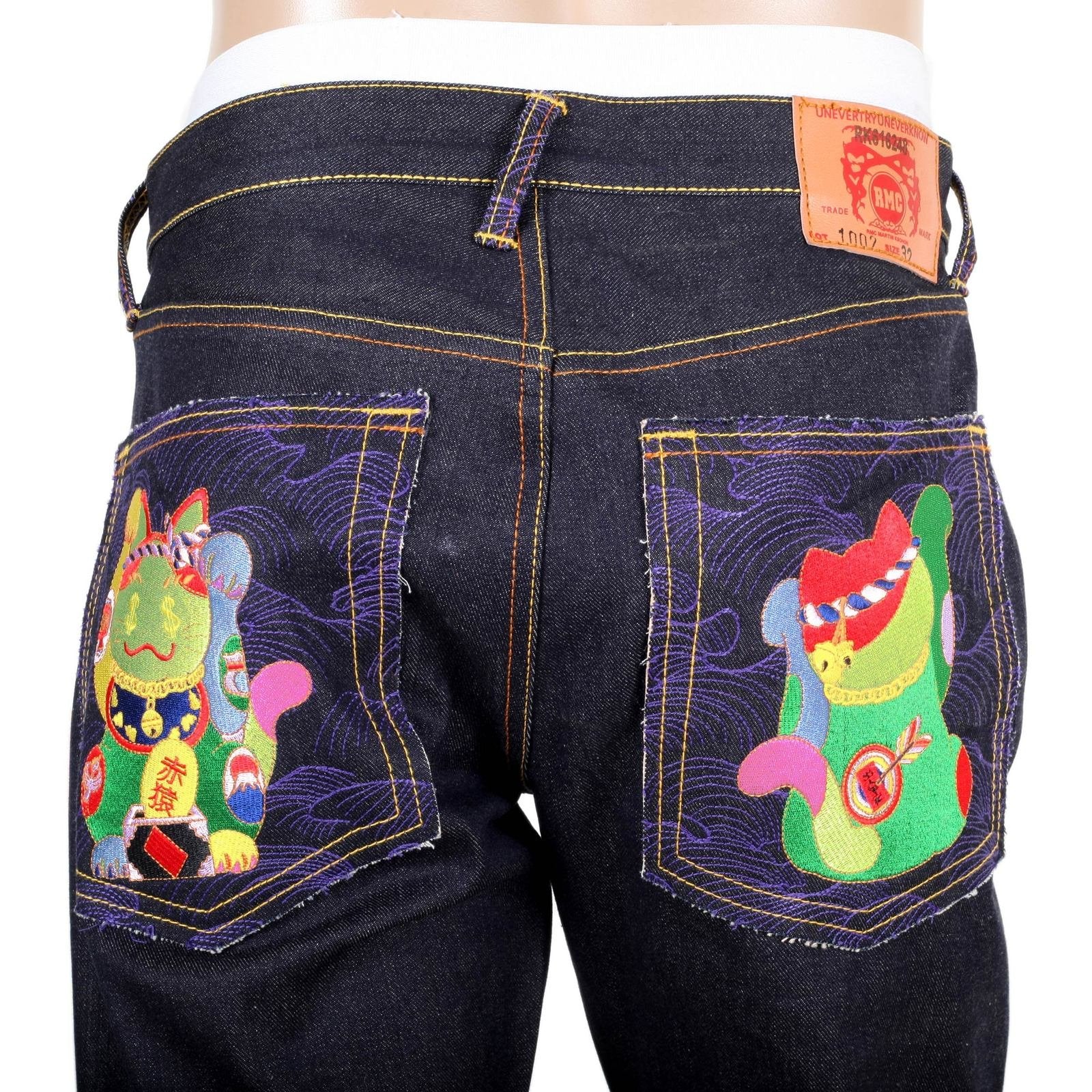 RMC JEANS EXCLUSIVE VINTAGE CUT LUCKY CAT EMBROIDERED DARK INDIGO RAW SELVEDGE DENIM JEANS REDM3255