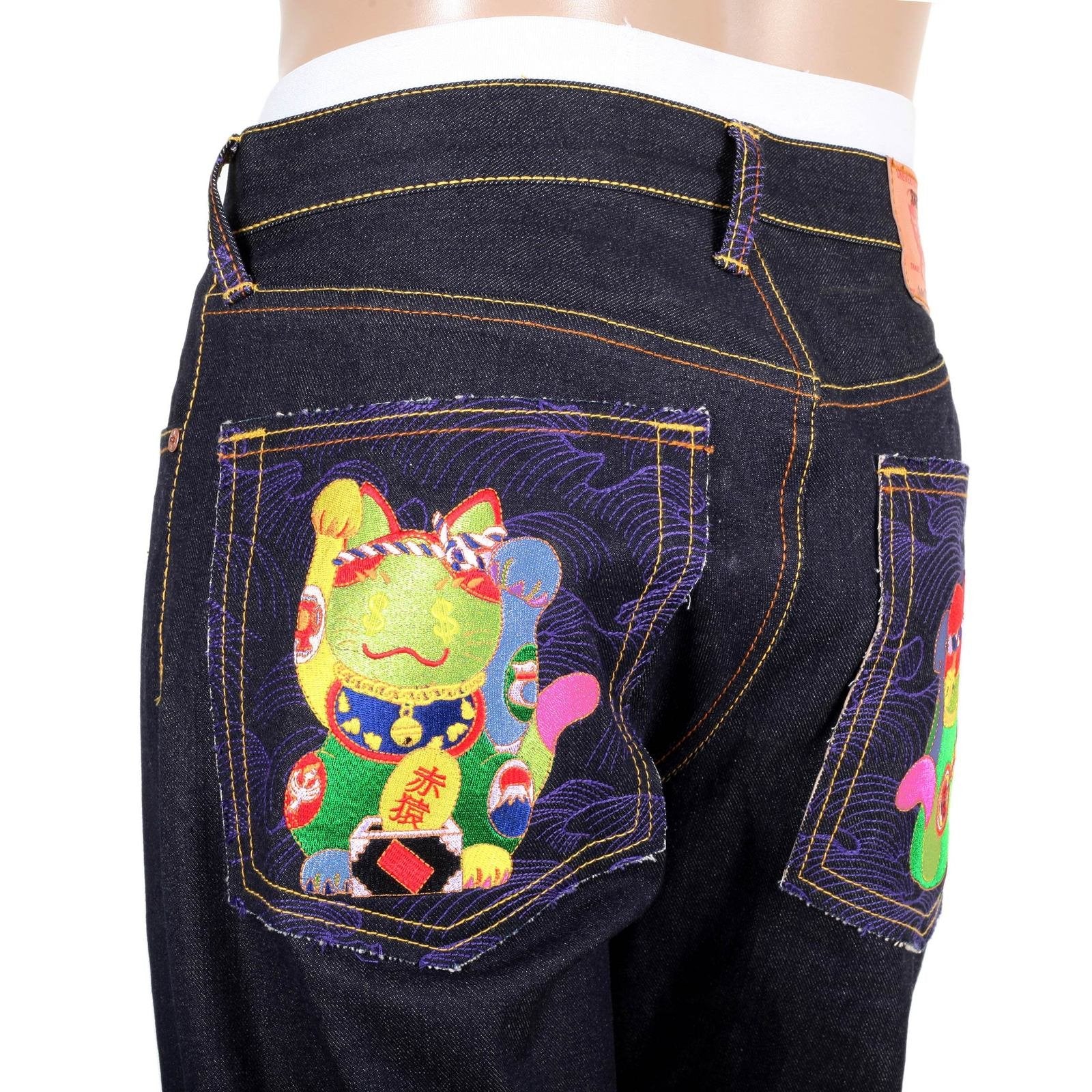 RMC JEANS EXCLUSIVE VINTAGE CUT LUCKY CAT EMBROIDERED DARK INDIGO RAW SELVEDGE DENIM JEANS REDM3255