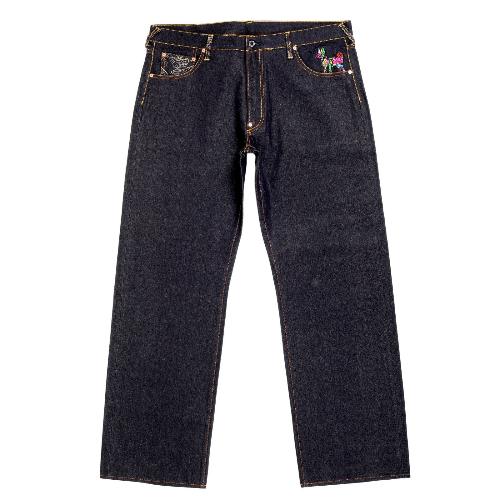 RMC JEANS VINTAGE CUT DARK INDIGO RAW SELVEDGE DENIM JEANS WITH SUPERMAN SUPERMC EMBROIDERY REDM3698