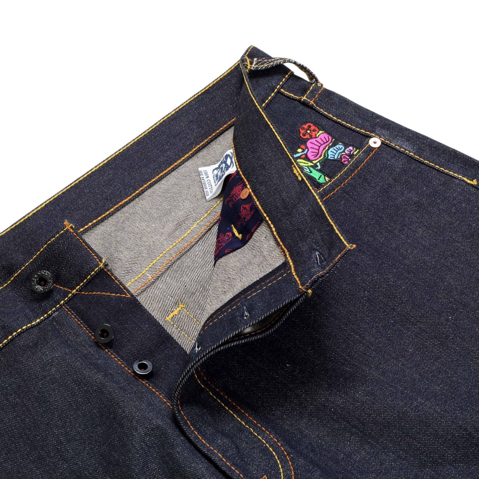 RMC JEANS VINTAGE CUT DARK INDIGO RAW SELVEDGE DENIM JEANS WITH SUPERMAN SUPERMC EMBROIDERY REDM3698