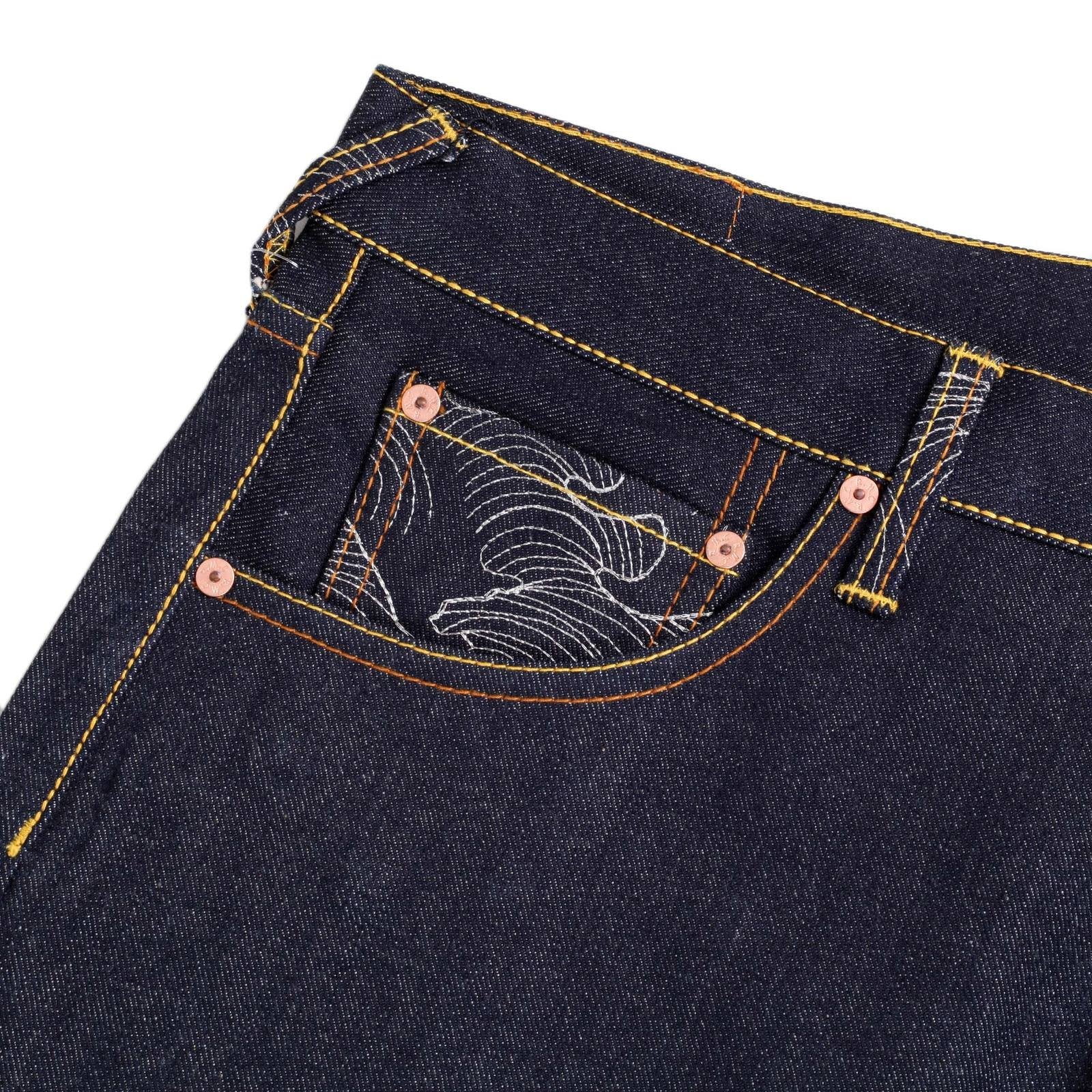 RMC JEANS VINTAGE CUT DARK INDIGO RAW SELVEDGE DENIM JEANS WITH SUPERMAN SUPERMC EMBROIDERY REDM3698