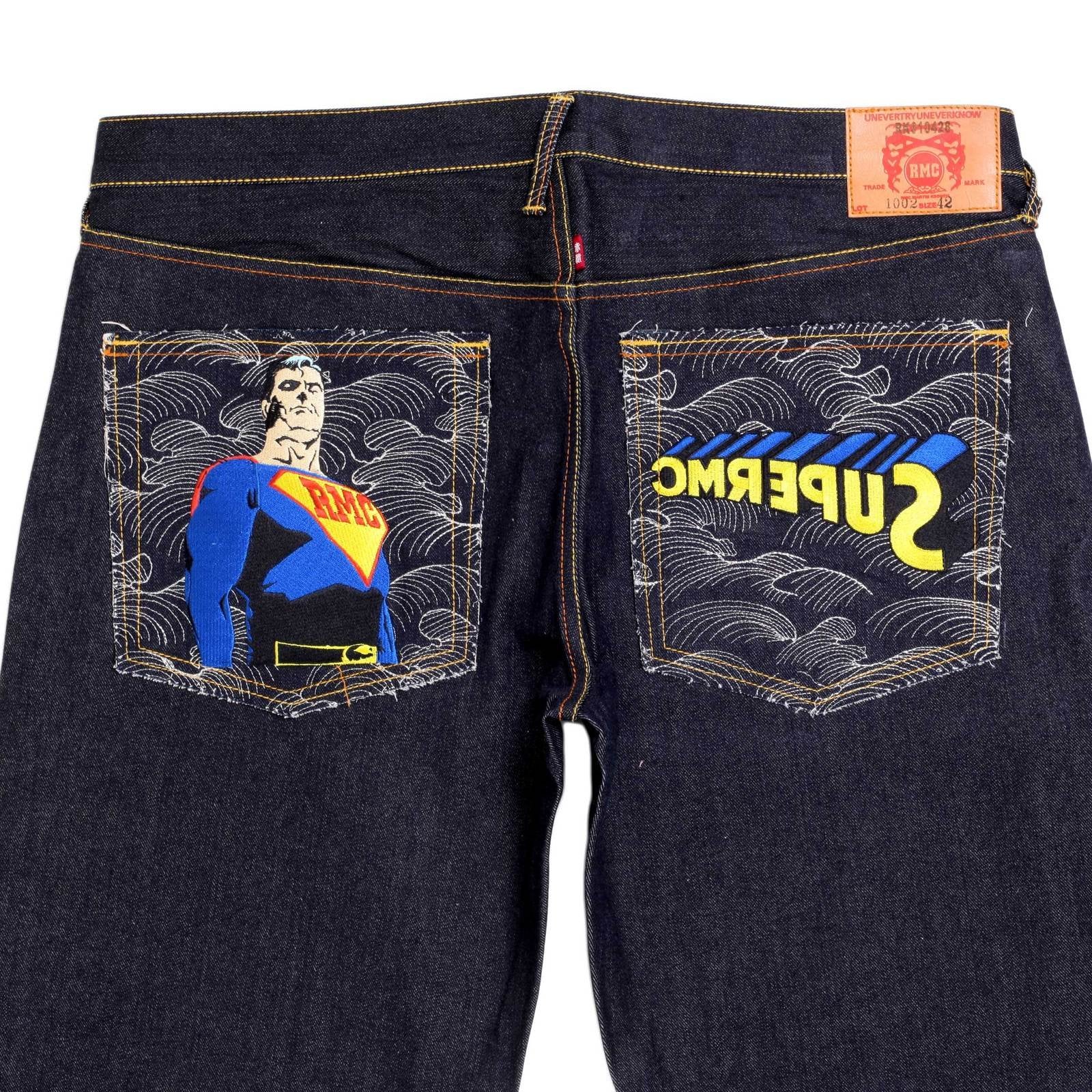 RMC JEANS VINTAGE CUT DARK INDIGO RAW SELVEDGE DENIM JEANS WITH SUPERMAN SUPERMC EMBROIDERY REDM3698