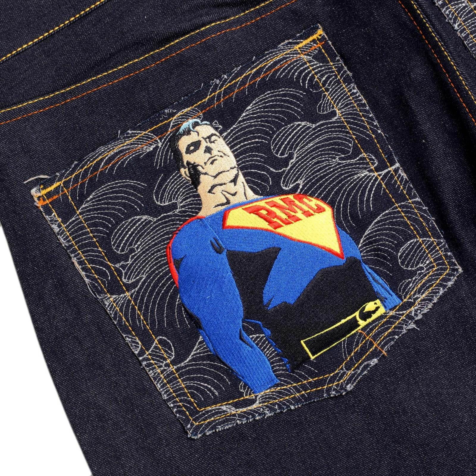 RMC JEANS VINTAGE CUT DARK INDIGO RAW SELVEDGE DENIM JEANS WITH SUPERMAN SUPERMC EMBROIDERY REDM3698