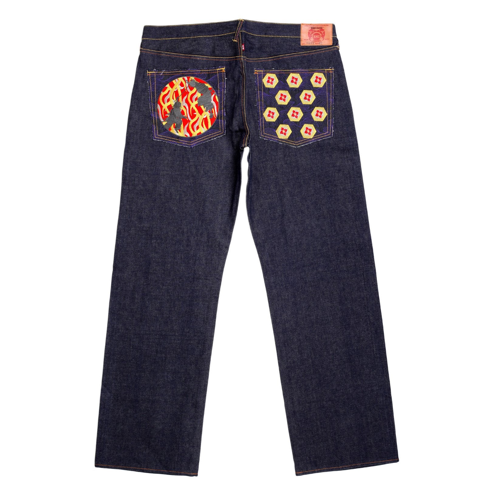 RMC JEANS VINTAGE CUT BLUE RAW SELVEDGE DENIM JEANS WITH DUELIST KIMONO EMBROIDERY REDM3701