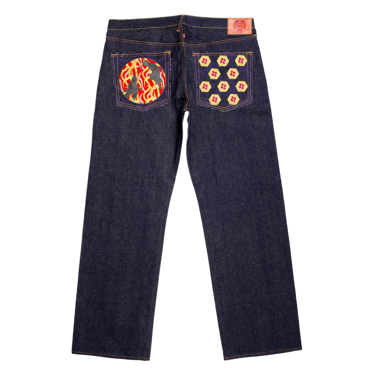 RMC JEANS VINTAGE CUT BLUE RAW SELVEDGE DENIM JEANS WITH DUELIST KIMONO EMBROIDERY REDM3701