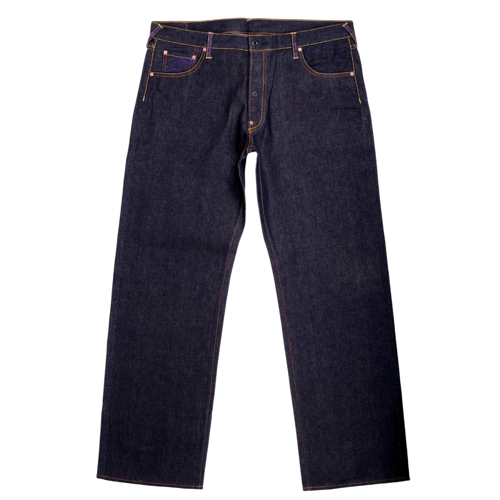 RMC JEANS VINTAGE CUT BLUE RAW SELVEDGE DENIM JEANS WITH DUELIST KIMONO EMBROIDERY REDM3701