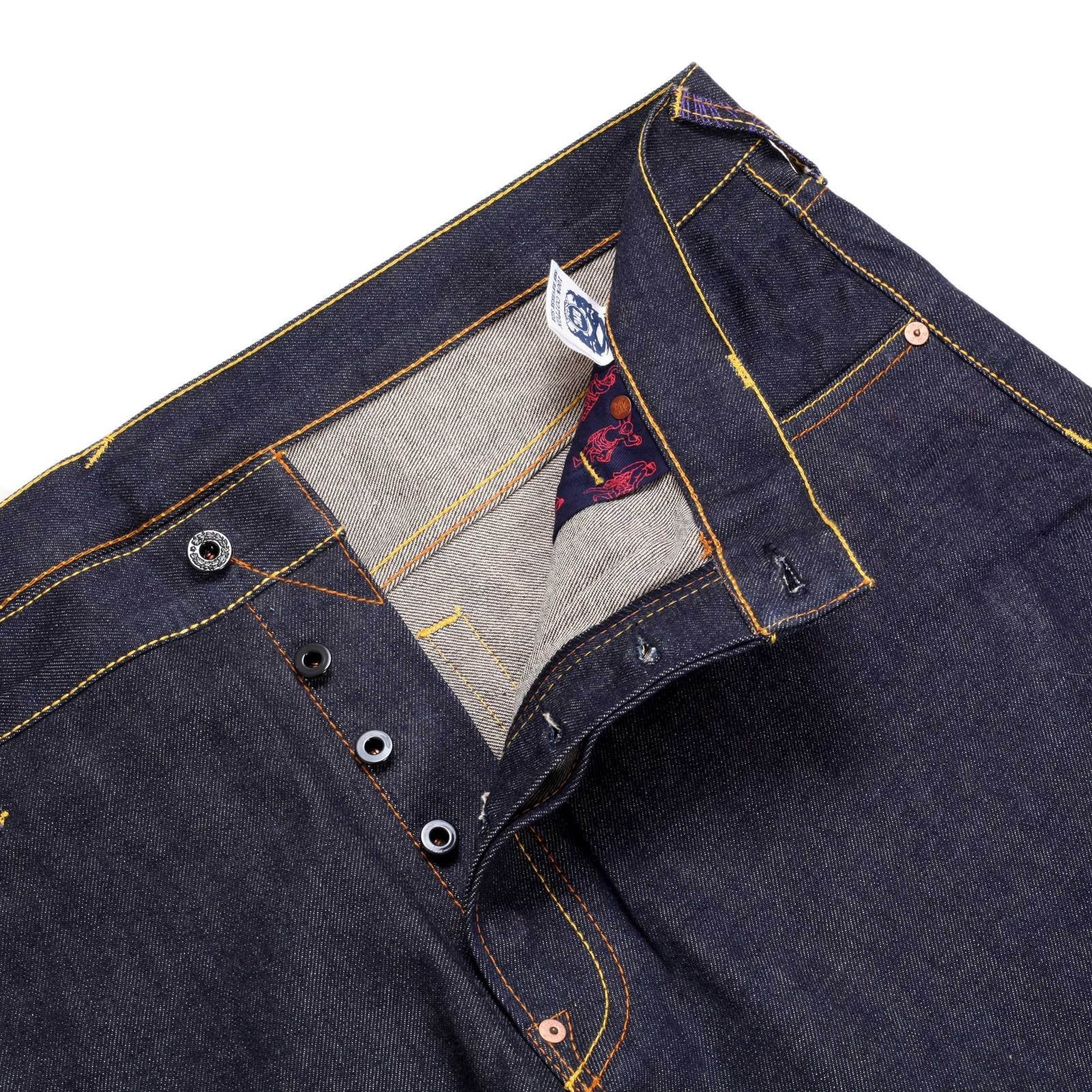 RMC JEANS VINTAGE CUT BLUE RAW SELVEDGE DENIM JEANS WITH DUELIST KIMONO EMBROIDERY REDM3701