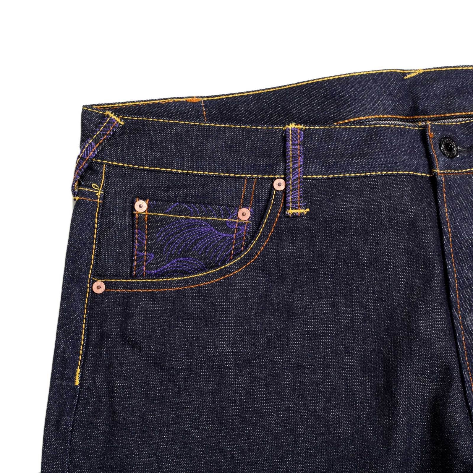 RMC JEANS VINTAGE CUT BLUE RAW SELVEDGE DENIM JEANS WITH DUELIST KIMONO EMBROIDERY REDM3701