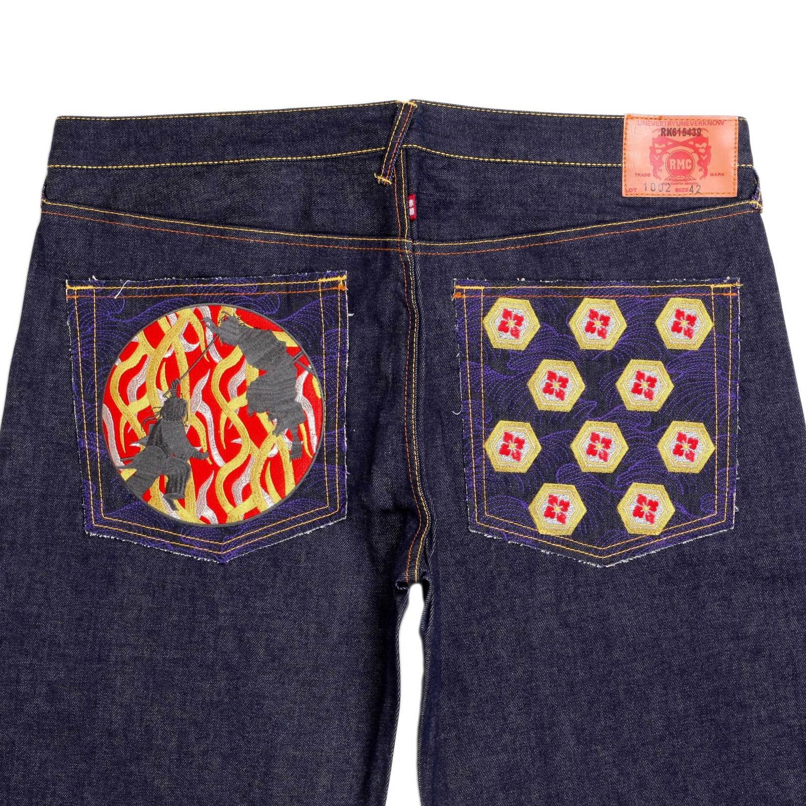 RMC JEANS VINTAGE CUT BLUE RAW SELVEDGE DENIM JEANS WITH DUELIST KIMONO EMBROIDERY REDM3701