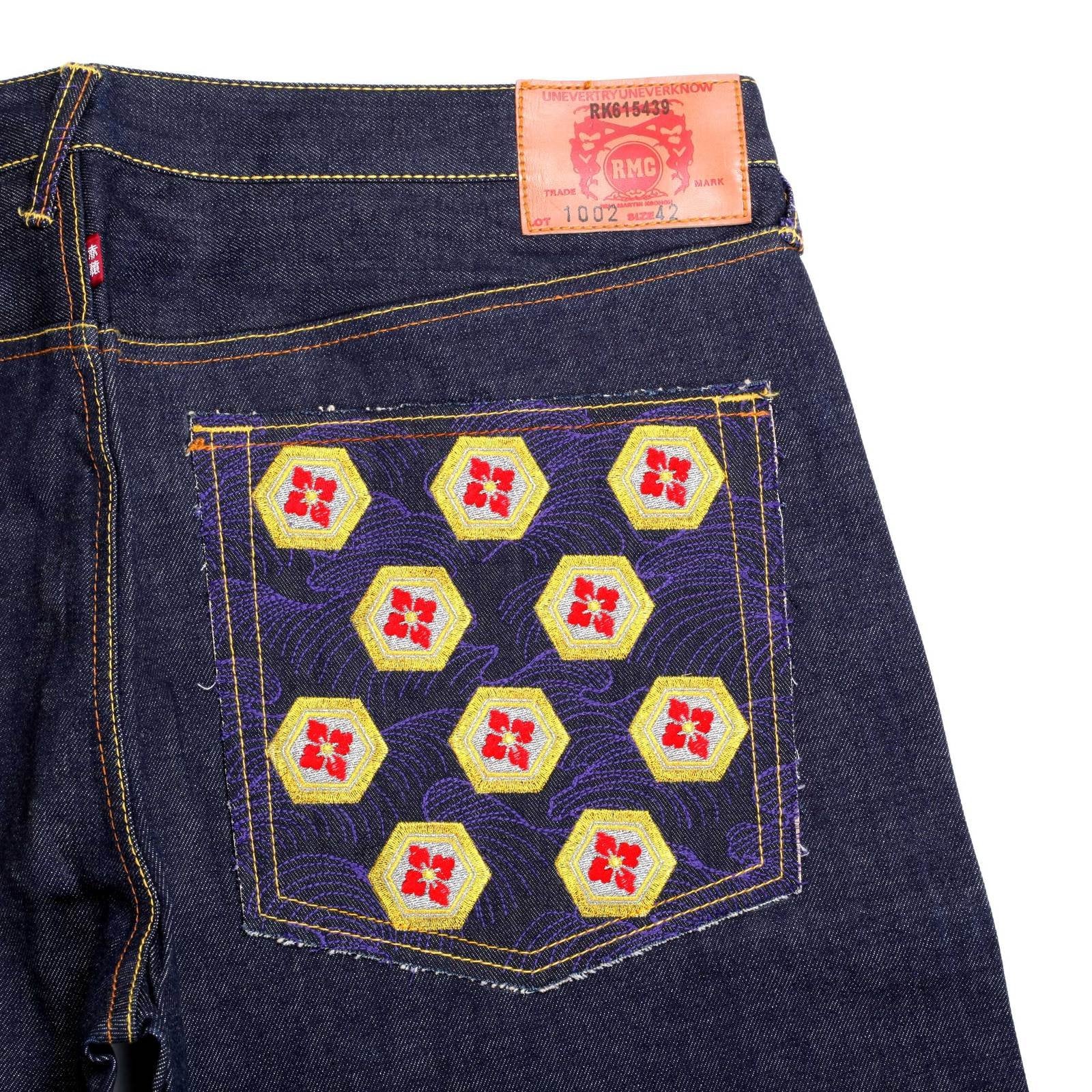 RMC JEANS VINTAGE CUT BLUE RAW SELVEDGE DENIM JEANS WITH DUELIST KIMONO EMBROIDERY REDM3701