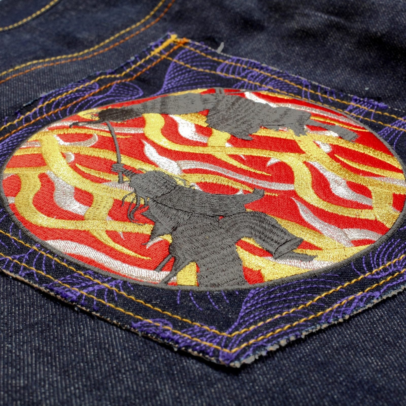 RMC JEANS VINTAGE CUT BLUE RAW SELVEDGE DENIM JEANS WITH DUELIST KIMONO EMBROIDERY REDM3701