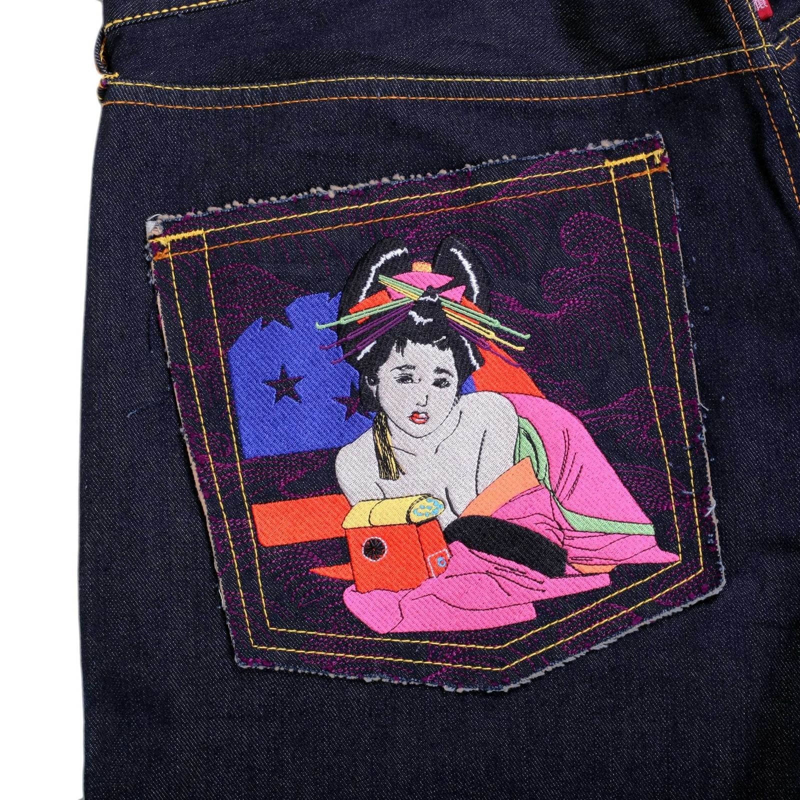 RMC JEANS GEISHA AND OIRI EMBROIDERY ON AUTHENTIC RAW SELVEDGE DENIM JEANS REDM5911