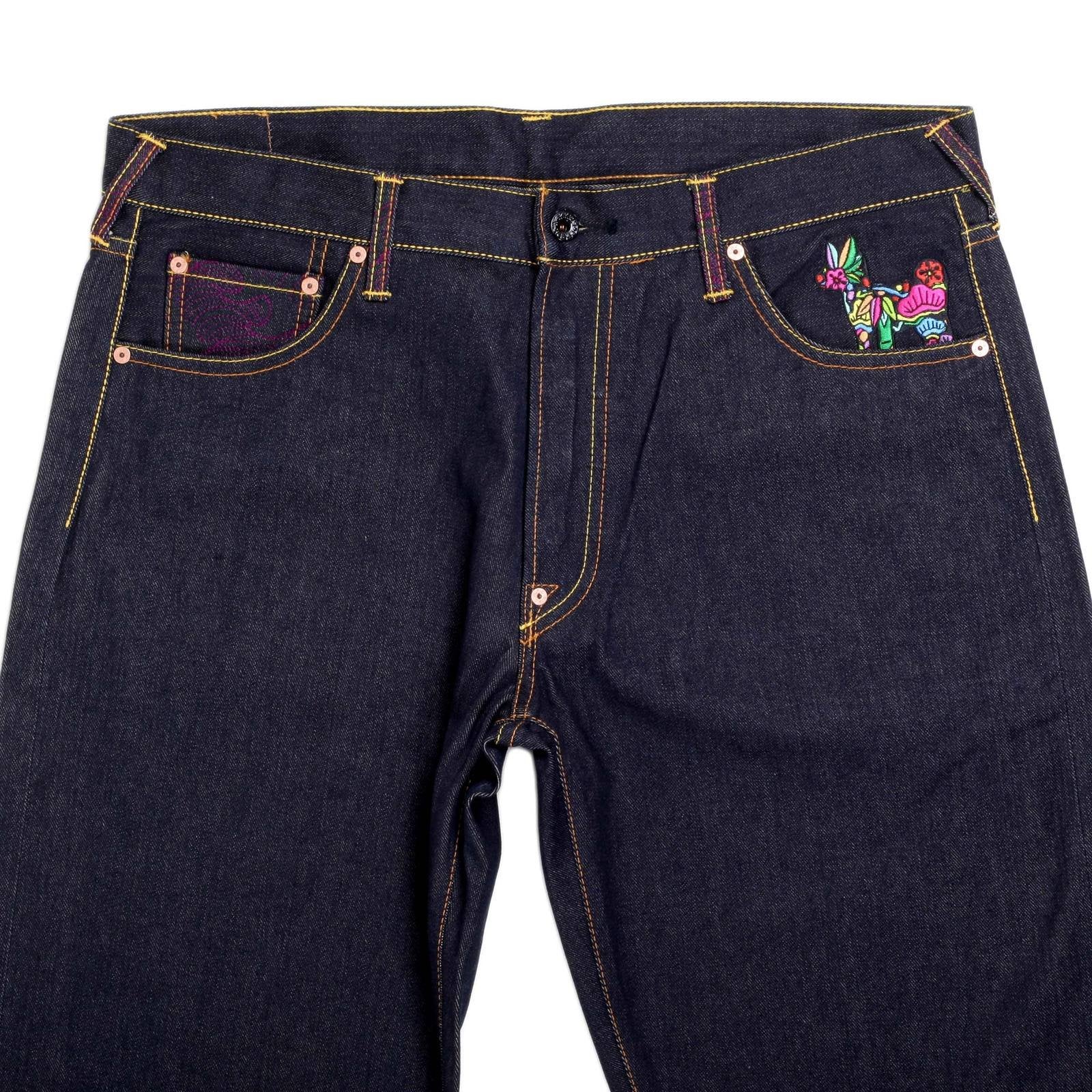 RMC JEANS GEISHA AND OIRI EMBROIDERY ON AUTHENTIC RAW SELVEDGE DENIM JEANS REDM5911