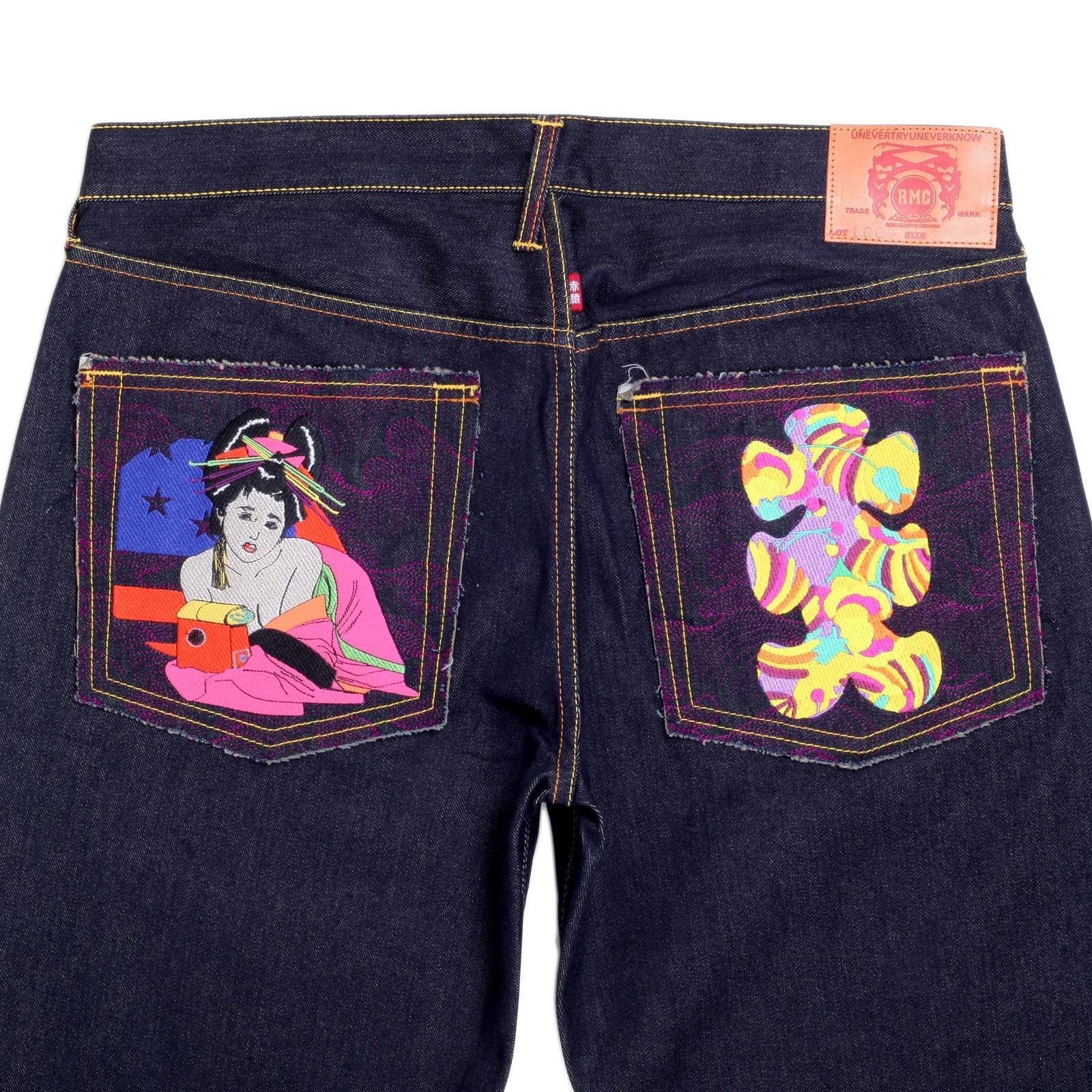 RMC JEANS GEISHA AND OIRI EMBROIDERY ON AUTHENTIC RAW SELVEDGE DENIM JEANS REDM5911