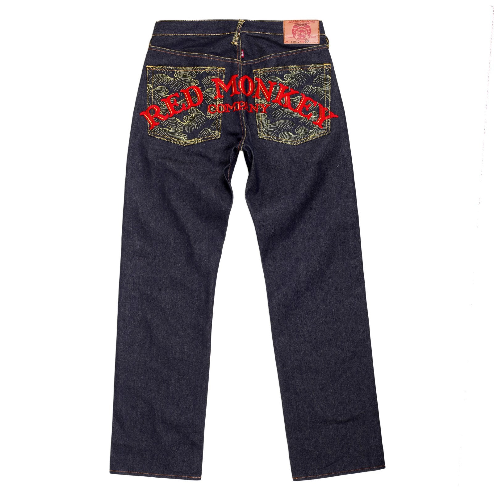 RMC JEANS EXCLUSIVE SIDE MONKEY EMBROIDERED GENUINE RAW SELVEDGE VINTAGE CUT DENIM JEANS REDM6210