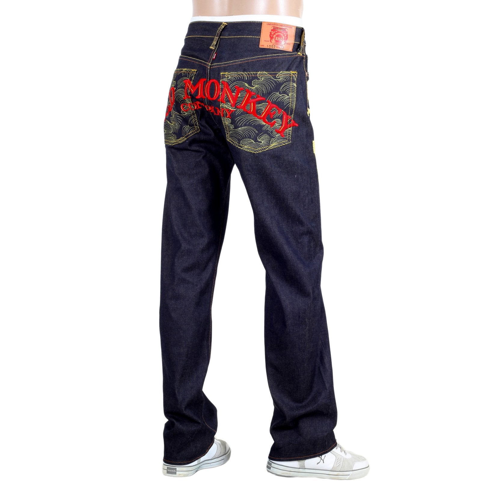 RMC JEANS EXCLUSIVE SIDE MONKEY EMBROIDERED GENUINE RAW SELVEDGE VINTAGE CUT DENIM JEANS REDM6210