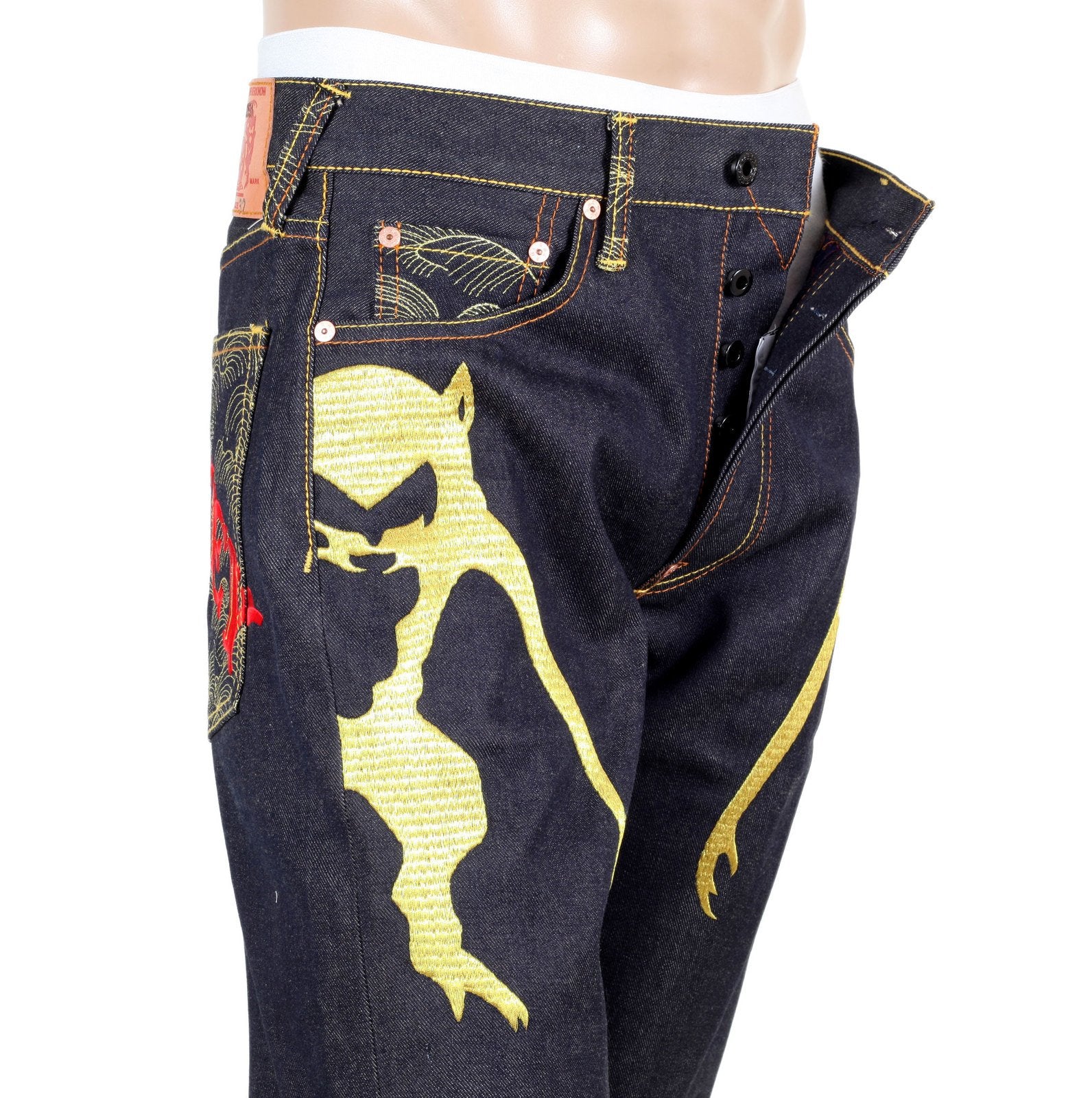 RMC JEANS EXCLUSIVE SIDE MONKEY EMBROIDERED GENUINE RAW SELVEDGE VINTAGE CUT DENIM JEANS REDM6210