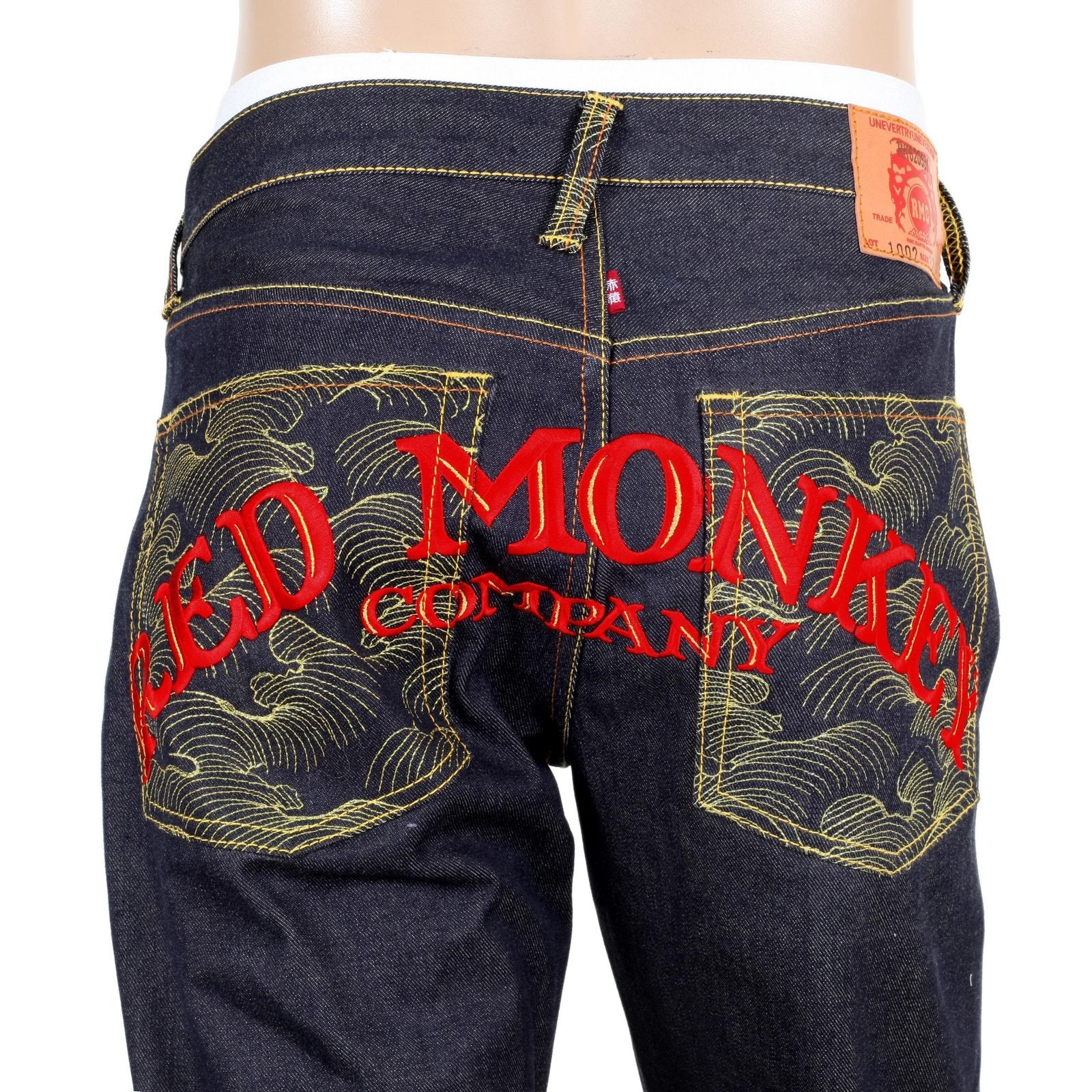 RMC JEANS EXCLUSIVE SIDE MONKEY EMBROIDERED GENUINE RAW SELVEDGE VINTAGE CUT DENIM JEANS REDM6210