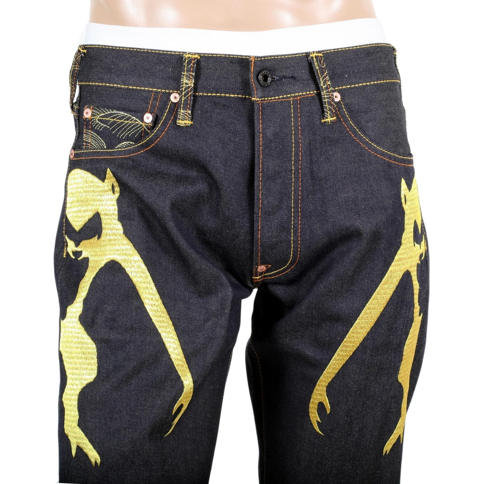 RMC JEANS EXCLUSIVE SIDE MONKEY EMBROIDERED GENUINE RAW SELVEDGE VINTAGE CUT DENIM JEANS REDM6210