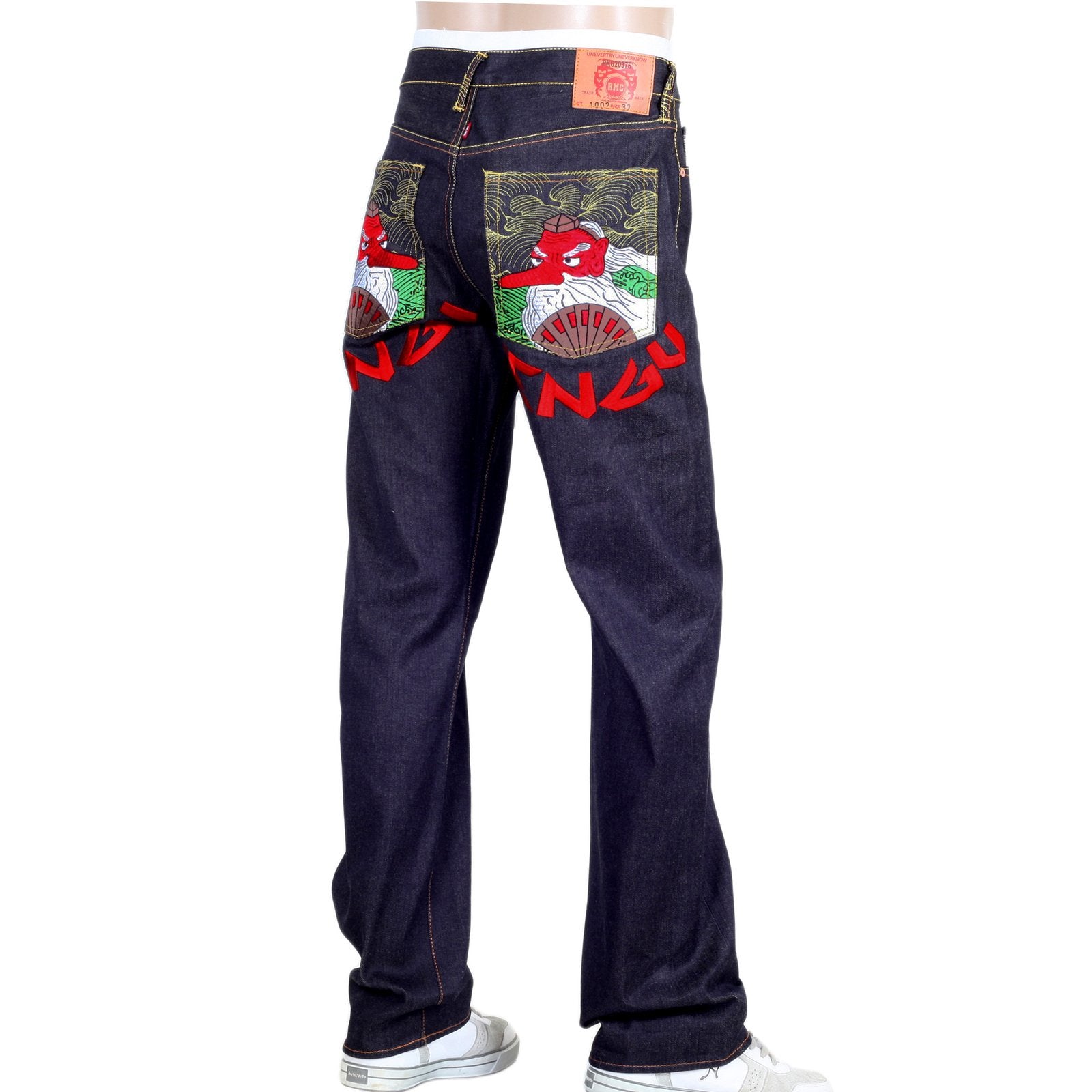 RMC JEANS EXCLUSIVE SKY DOG TENGU EMBROIDERED GENUINE RAW SELVEDGE VINTAGE CUT DENIM JEANS REDM6211