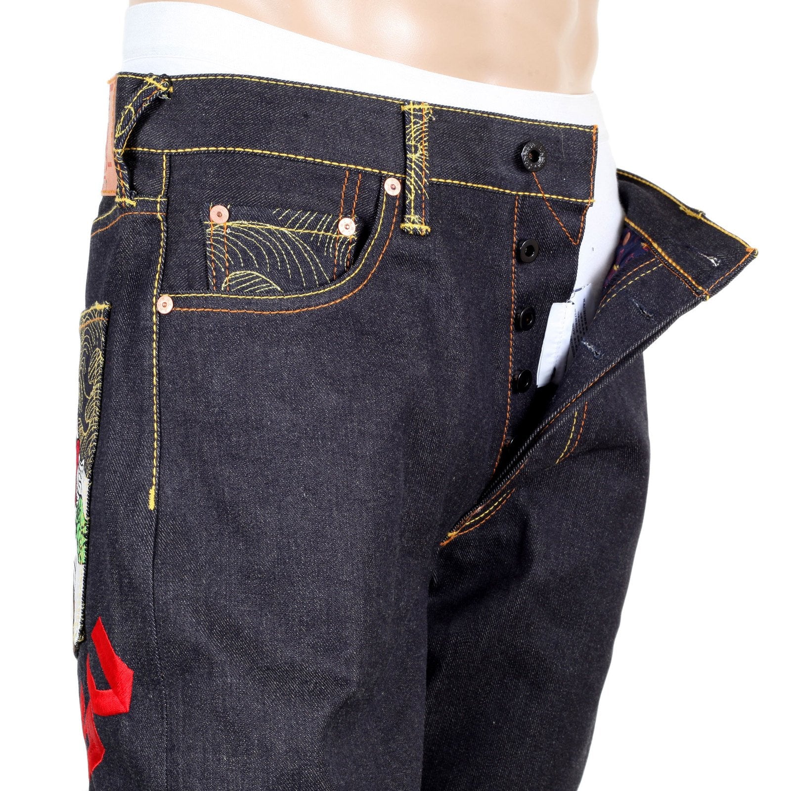 RMC JEANS EXCLUSIVE SKY DOG TENGU EMBROIDERED GENUINE RAW SELVEDGE VINTAGE CUT DENIM JEANS REDM6211