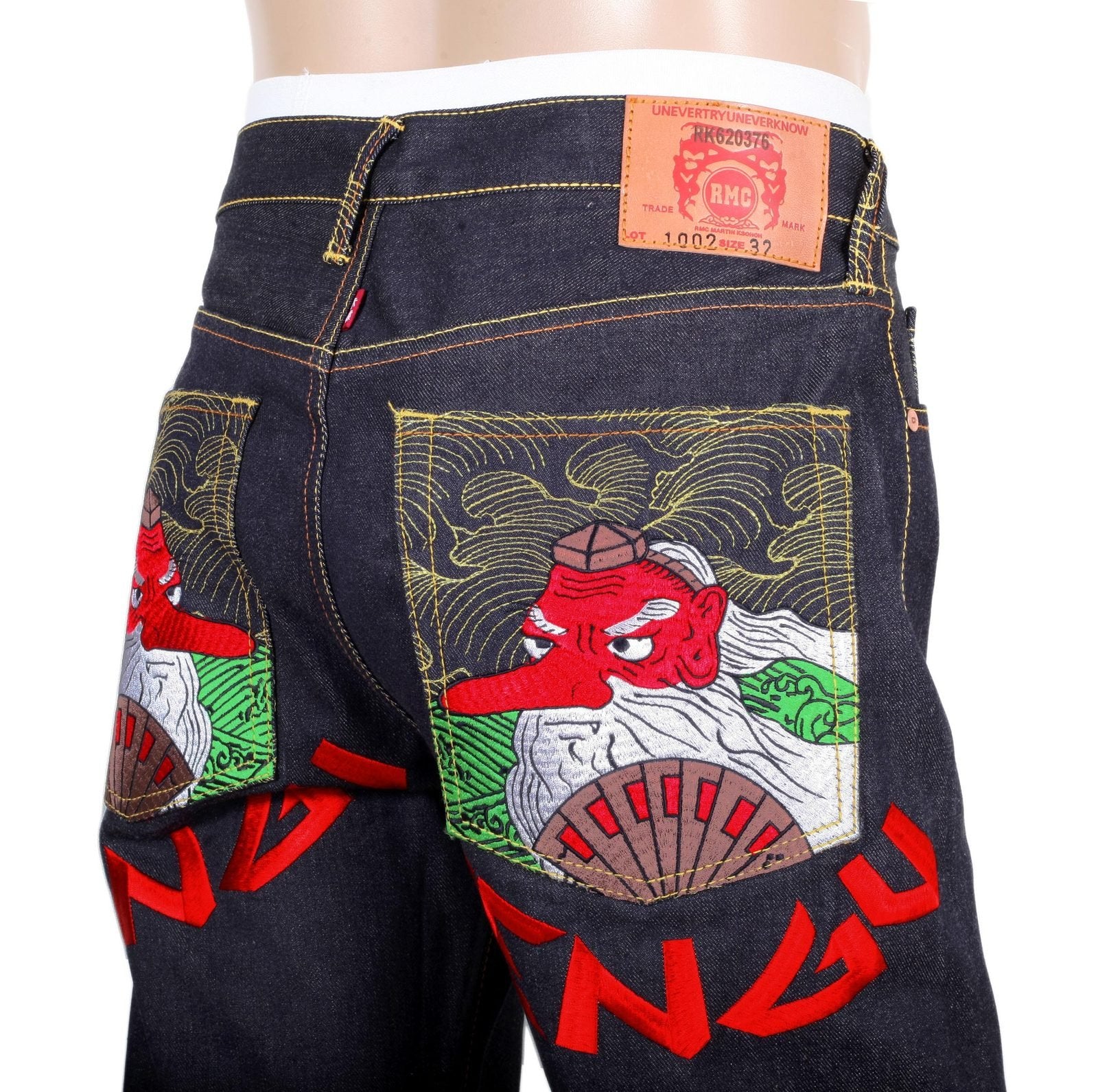 RMC JEANS EXCLUSIVE SKY DOG TENGU EMBROIDERED GENUINE RAW SELVEDGE VINTAGE CUT DENIM JEANS REDM6211