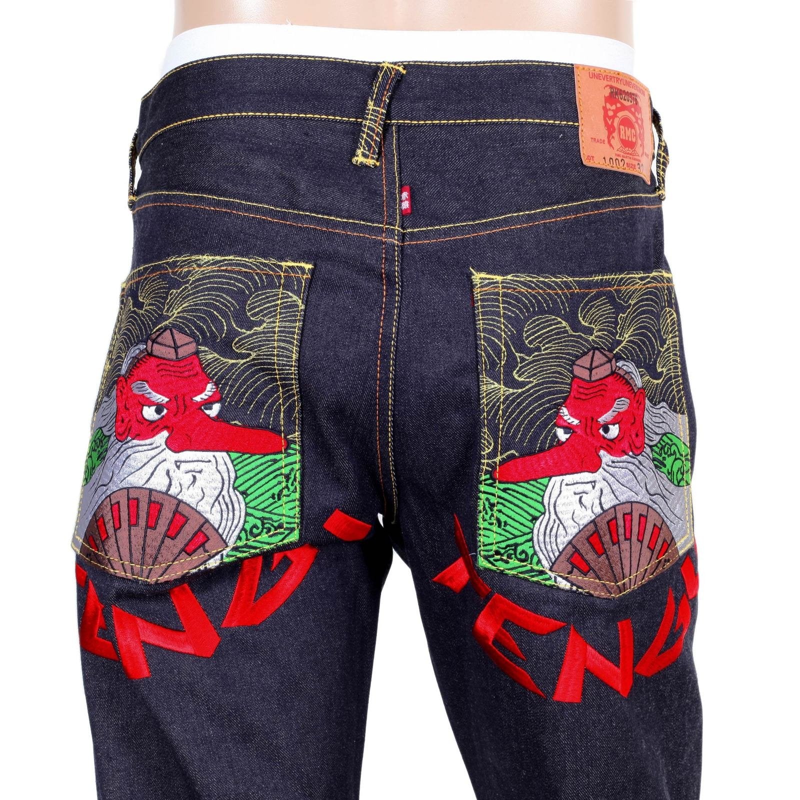 RMC JEANS EXCLUSIVE SKY DOG TENGU EMBROIDERED GENUINE RAW SELVEDGE VINTAGE CUT DENIM JEANS REDM6211