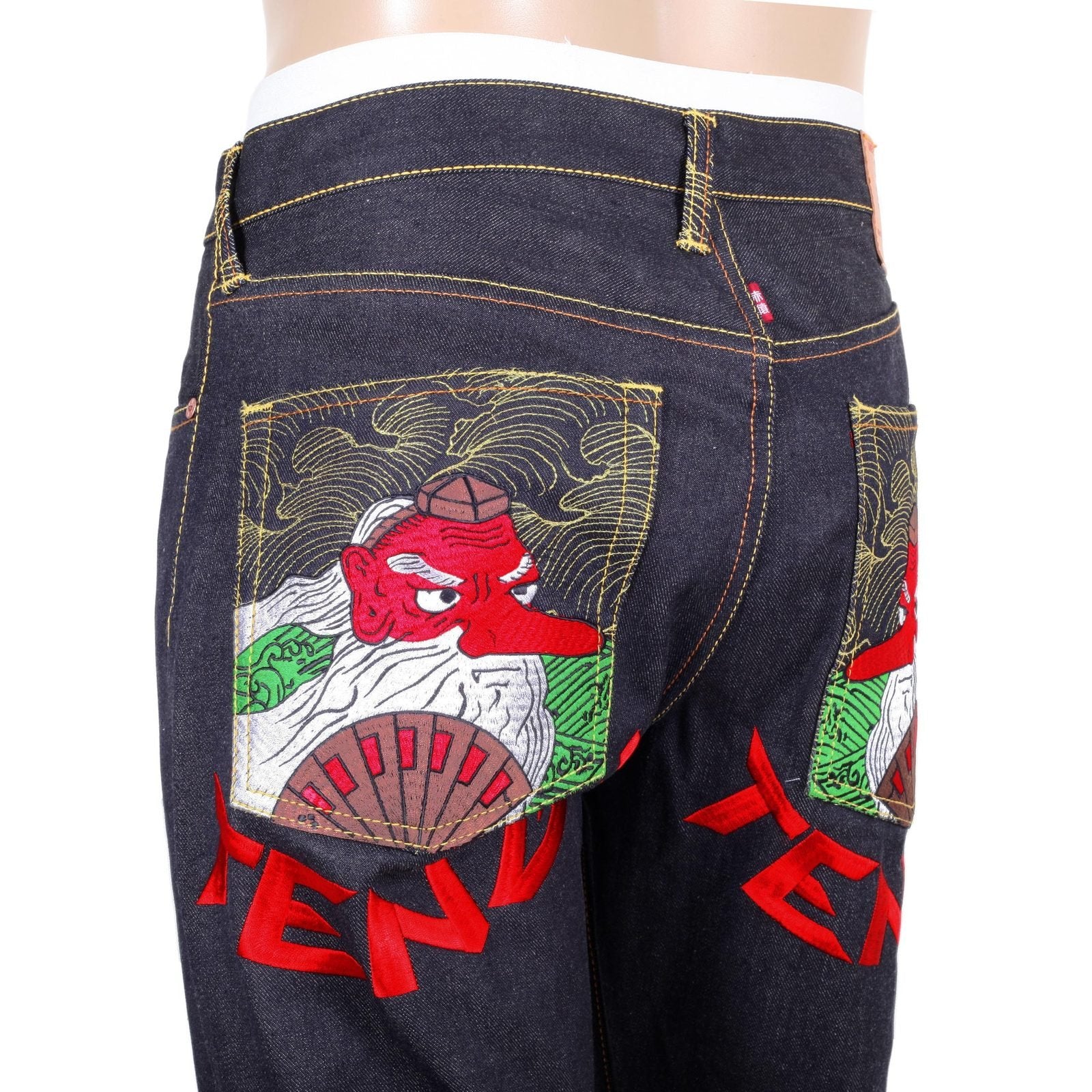 RMC JEANS EXCLUSIVE SKY DOG TENGU EMBROIDERED GENUINE RAW SELVEDGE VINTAGE CUT DENIM JEANS REDM6211