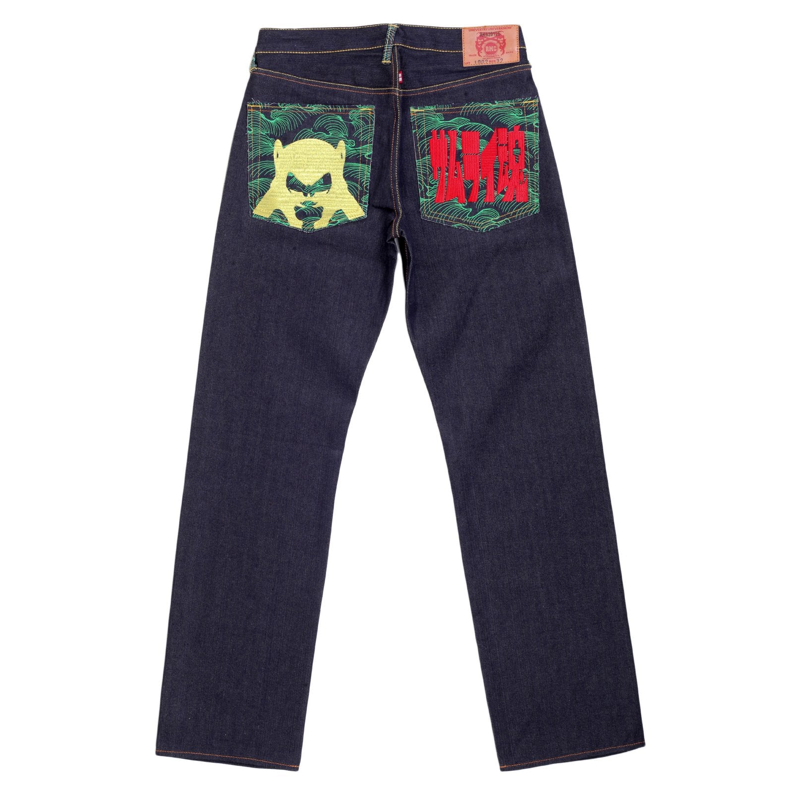 RMC JEANS EXCLUSIVE SAMURAI MONKEY EMBROIDERED GENUINE RAW SELVEDGE VINTAGE CUT DENIM JEANS REDM6212