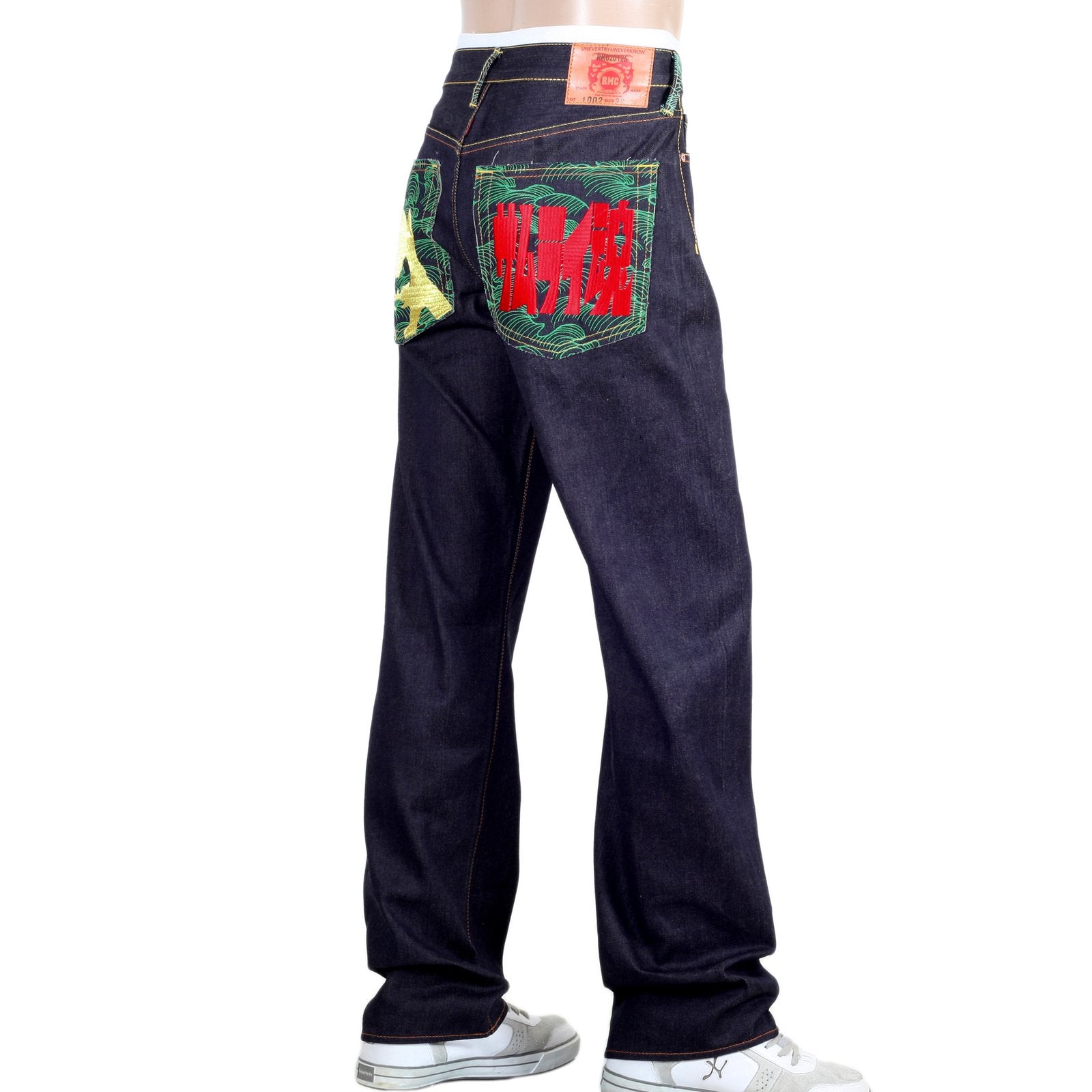 RMC JEANS EXCLUSIVE SAMURAI MONKEY EMBROIDERED GENUINE RAW SELVEDGE VINTAGE CUT DENIM JEANS REDM6212