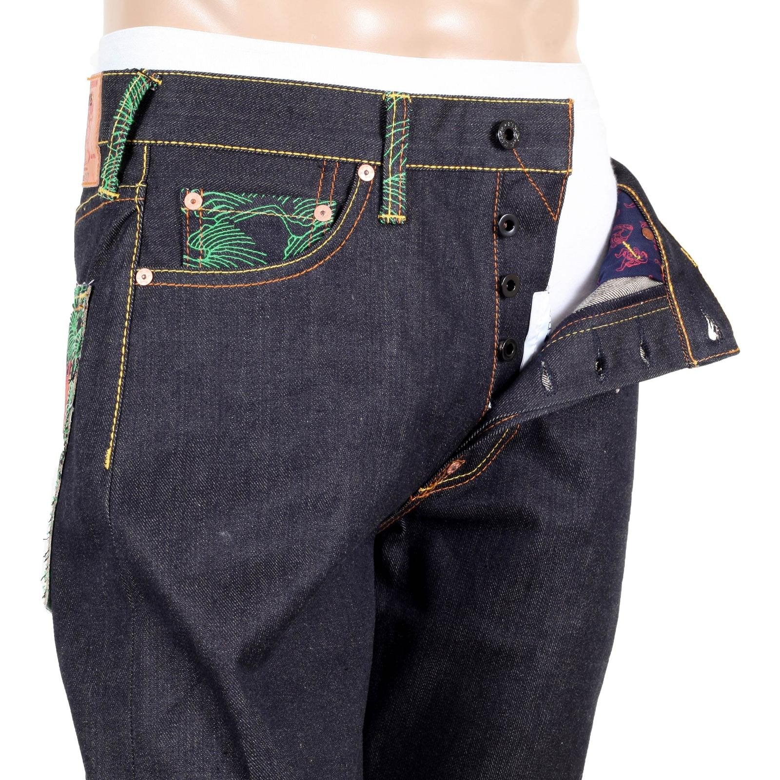 RMC JEANS EXCLUSIVE SAMURAI MONKEY EMBROIDERED GENUINE RAW SELVEDGE VINTAGE CUT DENIM JEANS REDM6212