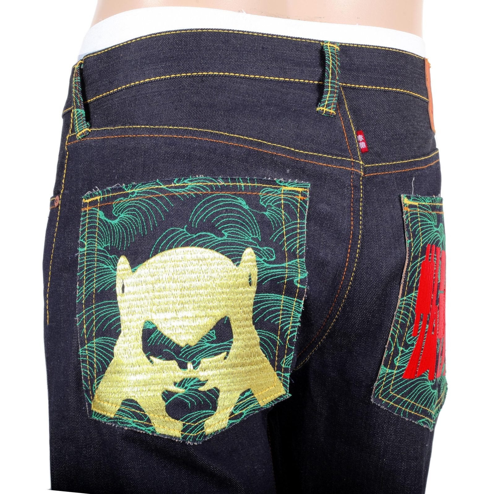 RMC JEANS EXCLUSIVE SAMURAI MONKEY EMBROIDERED GENUINE RAW SELVEDGE VINTAGE CUT DENIM JEANS REDM6212