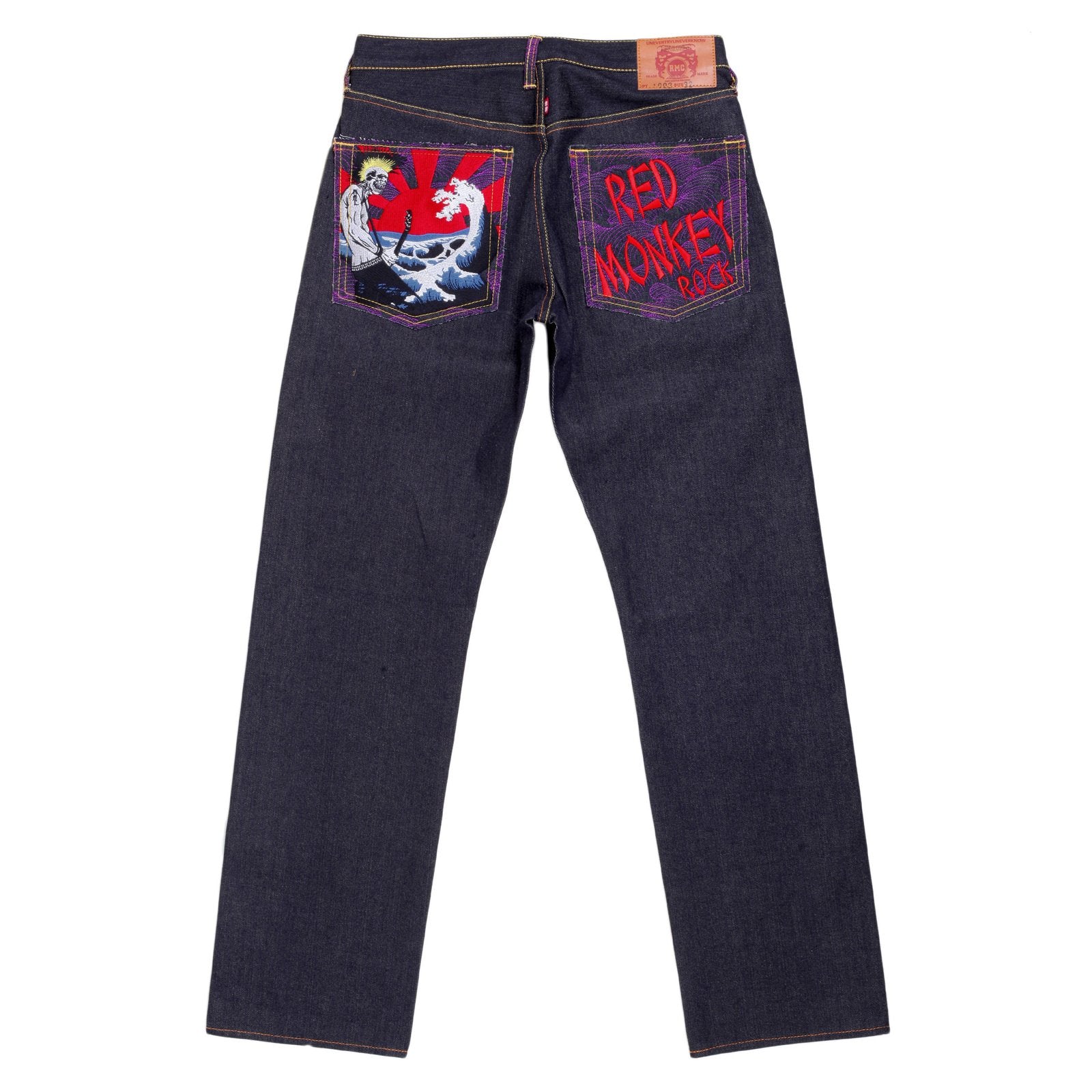RMC JEANS EXCLUSIVE ROCK TSUNAMI WAVE EMBROIDERED GENUINE RAW SELVEDGE VINTAGE CUT DENIM JEANS REDM6214