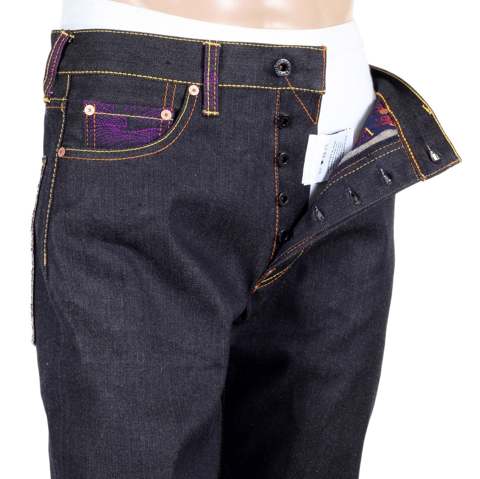 RMC JEANS EXCLUSIVE ROCK TSUNAMI WAVE EMBROIDERED GENUINE RAW SELVEDGE VINTAGE CUT DENIM JEANS REDM6214