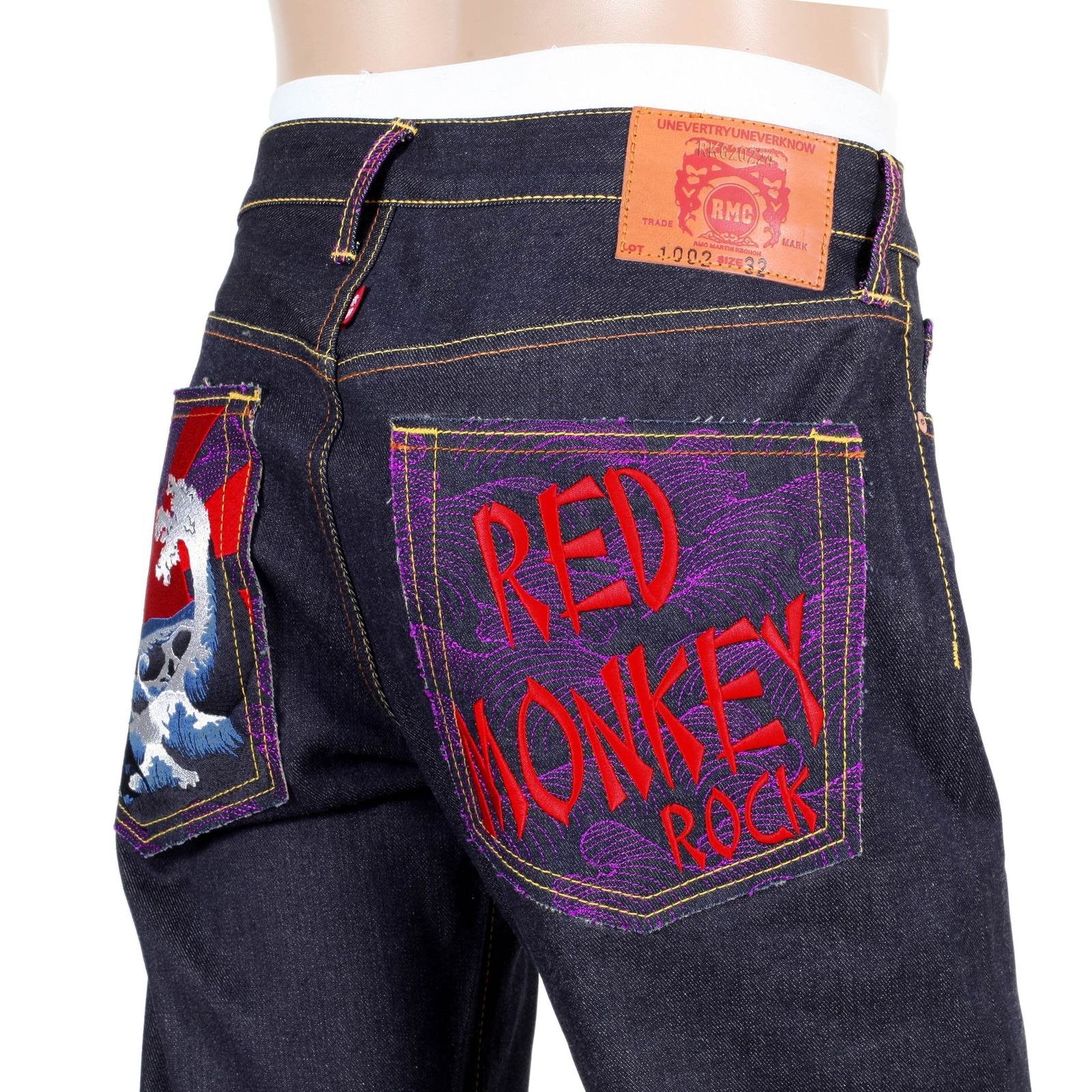 RMC JEANS EXCLUSIVE ROCK TSUNAMI WAVE EMBROIDERED GENUINE RAW SELVEDGE VINTAGE CUT DENIM JEANS REDM6214