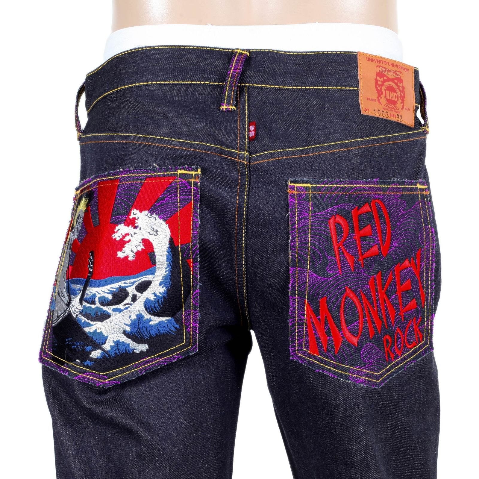 RMC JEANS EXCLUSIVE ROCK TSUNAMI WAVE EMBROIDERED GENUINE RAW SELVEDGE VINTAGE CUT DENIM JEANS REDM6214