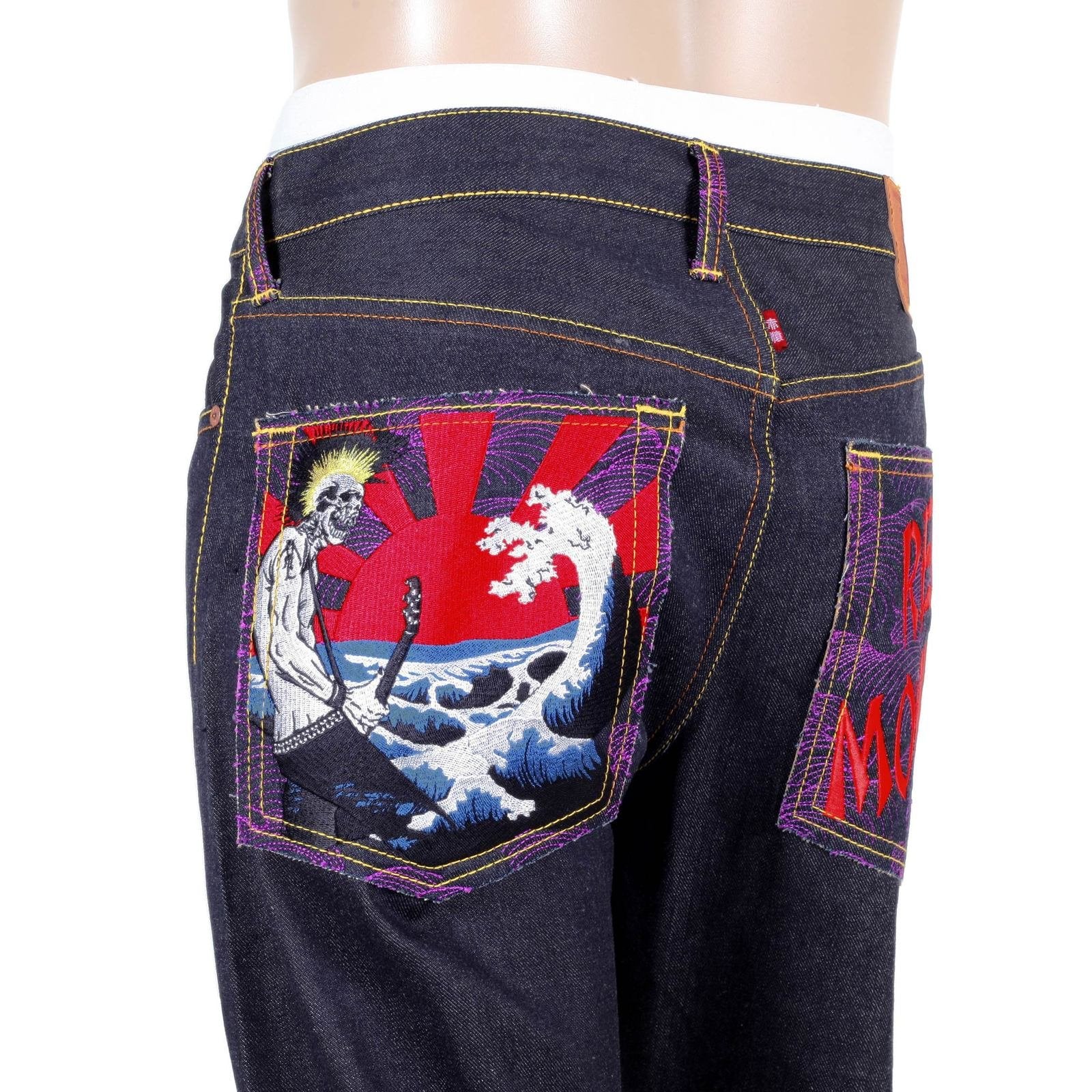 RMC JEANS EXCLUSIVE ROCK TSUNAMI WAVE EMBROIDERED GENUINE RAW SELVEDGE VINTAGE CUT DENIM JEANS REDM6214