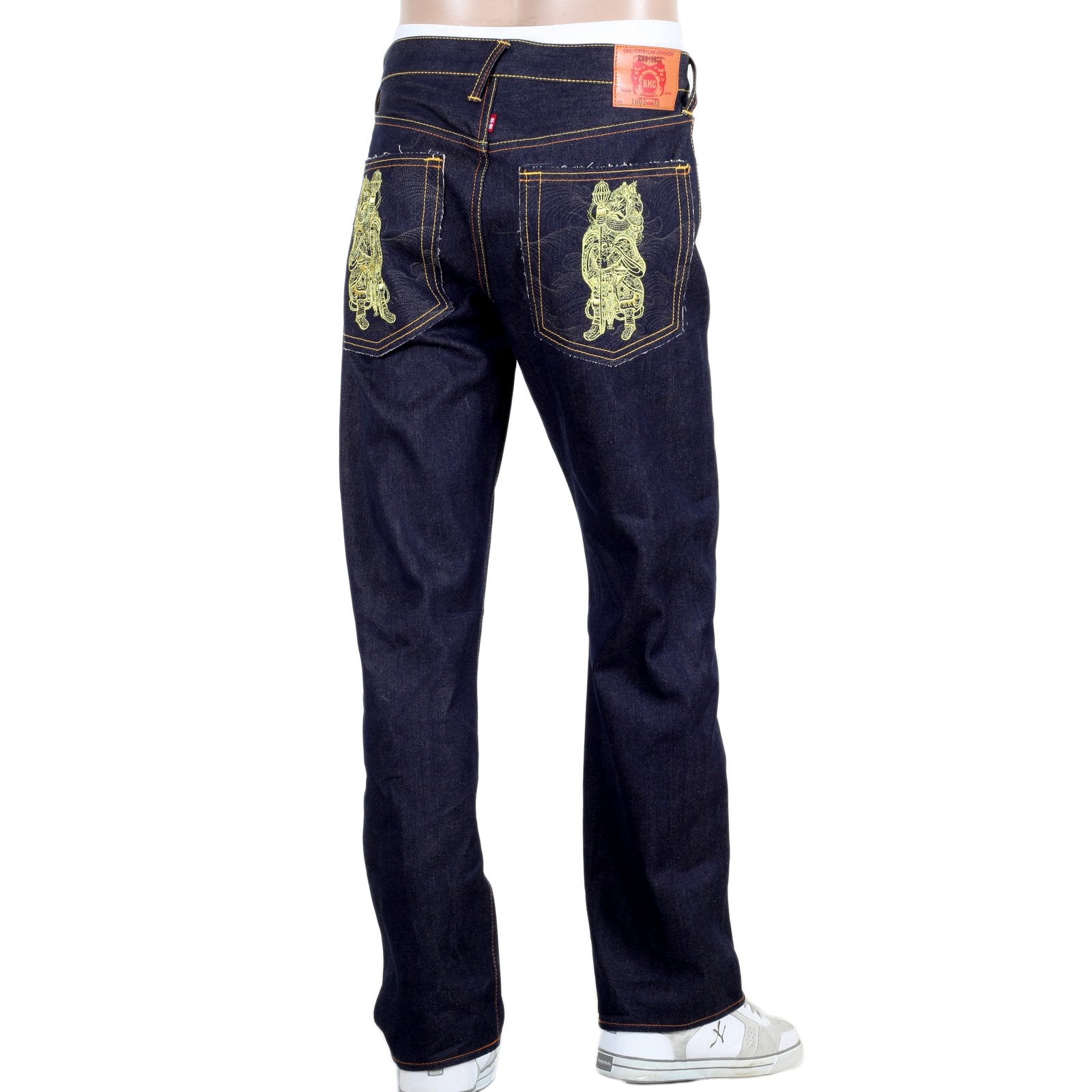 RMC JEANS AUTHENTIC EXCLUSIVE GOD OF GOLDEN BROTHER EMBROIDERED 2007 VINTAGE RAW SELVEDGE JEANS REDM9064