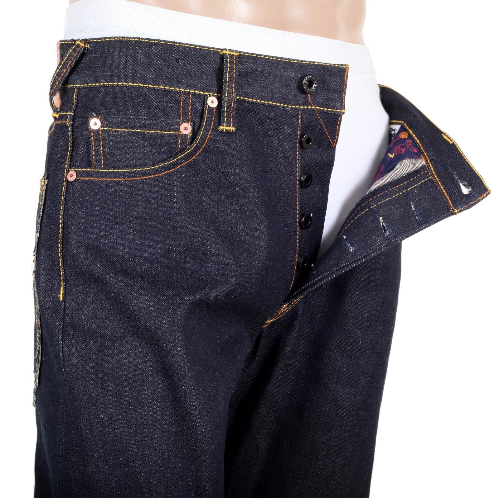 RMC JEANS AUTHENTIC EXCLUSIVE GOD OF GOLDEN BROTHER EMBROIDERED 2007 VINTAGE RAW SELVEDGE JEANS REDM9064