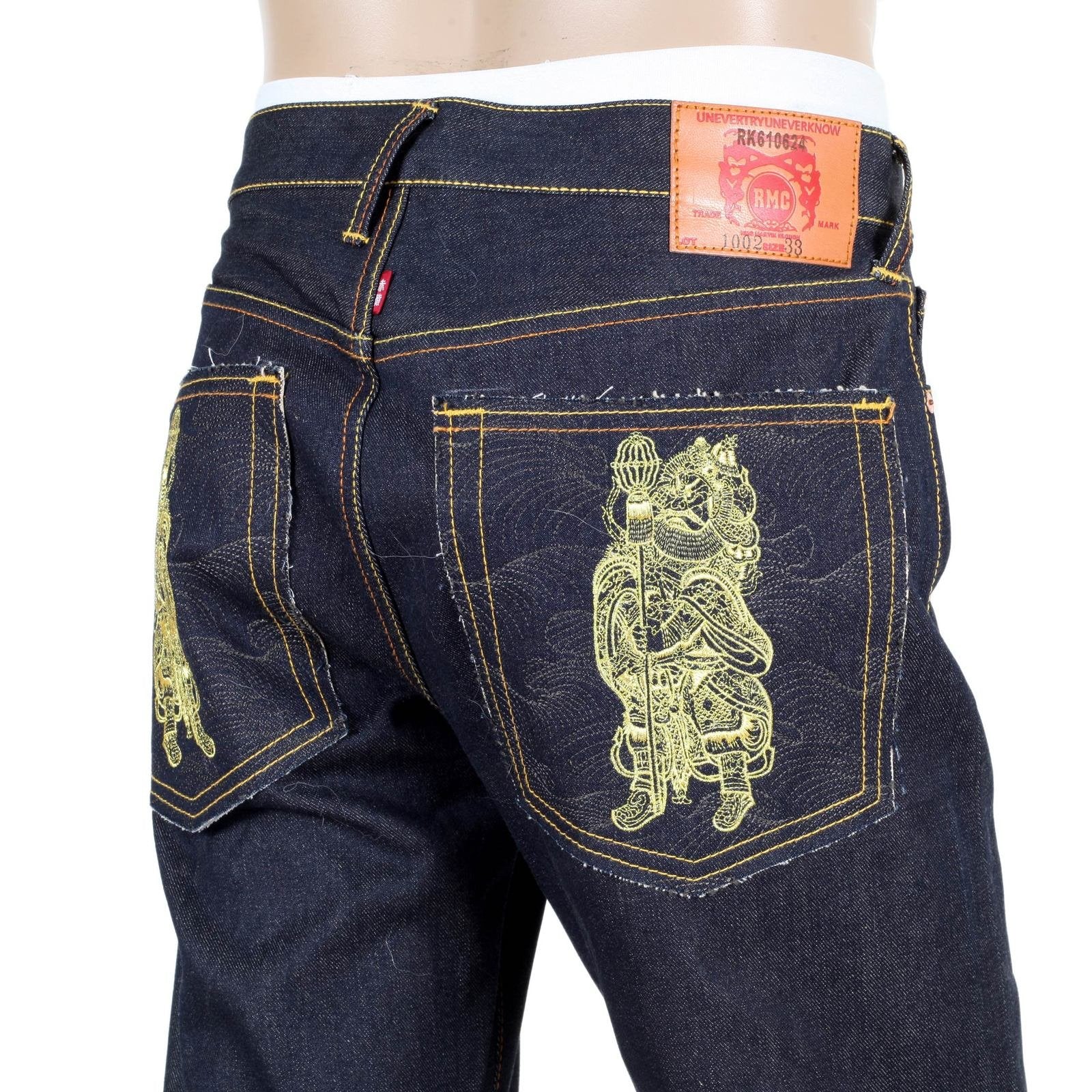 RMC JEANS AUTHENTIC EXCLUSIVE GOD OF GOLDEN BROTHER EMBROIDERED 2007 VINTAGE RAW SELVEDGE JEANS REDM9064