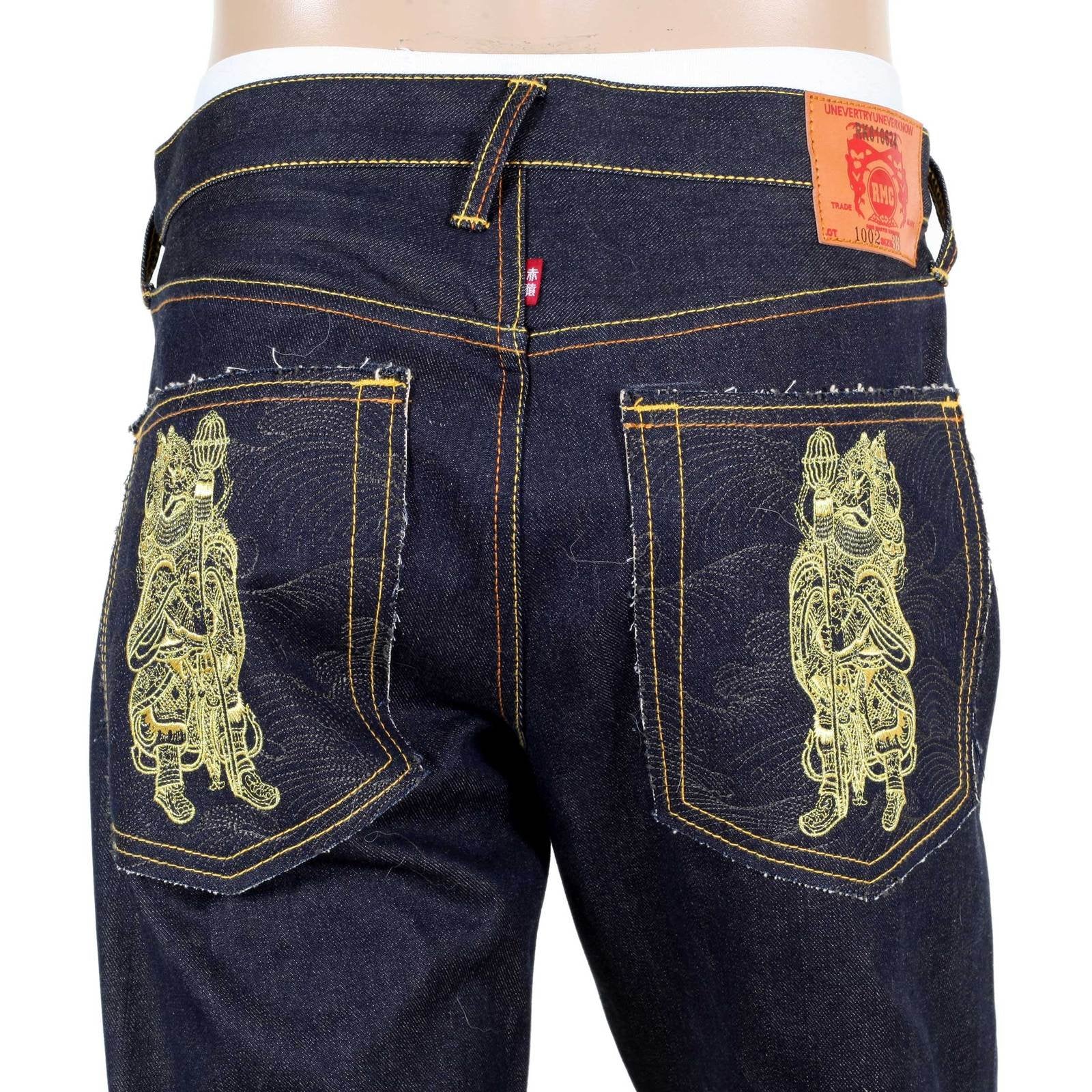 RMC JEANS AUTHENTIC EXCLUSIVE GOD OF GOLDEN BROTHER EMBROIDERED 2007 VINTAGE RAW SELVEDGE JEANS REDM9064