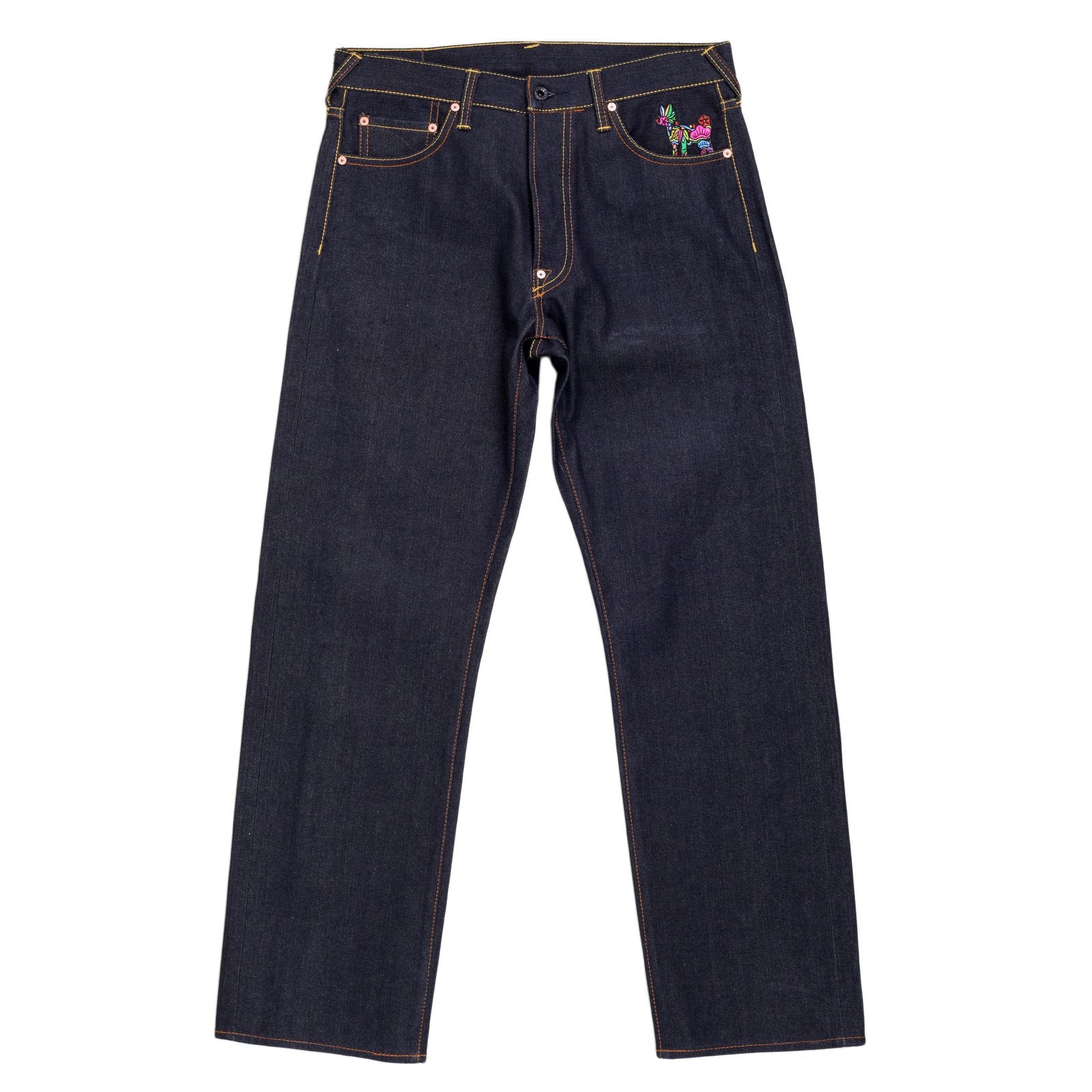 RMC JEANS AUTHENTIC EXCLUSIVE GOD OF GOLDEN BROTHER EMBROIDERED 2007 VINTAGE RAW SELVEDGE JEANS REDM9064