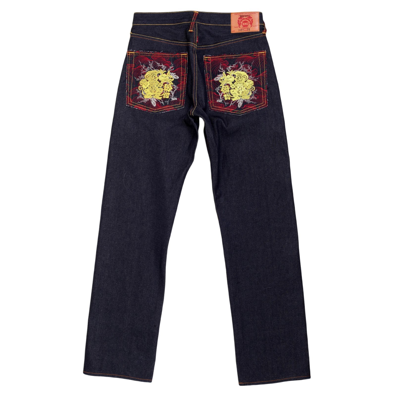 RMC JEANS GENUINE EXCLUSIVE GREEDY GOLDEN MONKEY EMBROIDERED VINTAGE RAW SELVEDGE JEANS REDM9065