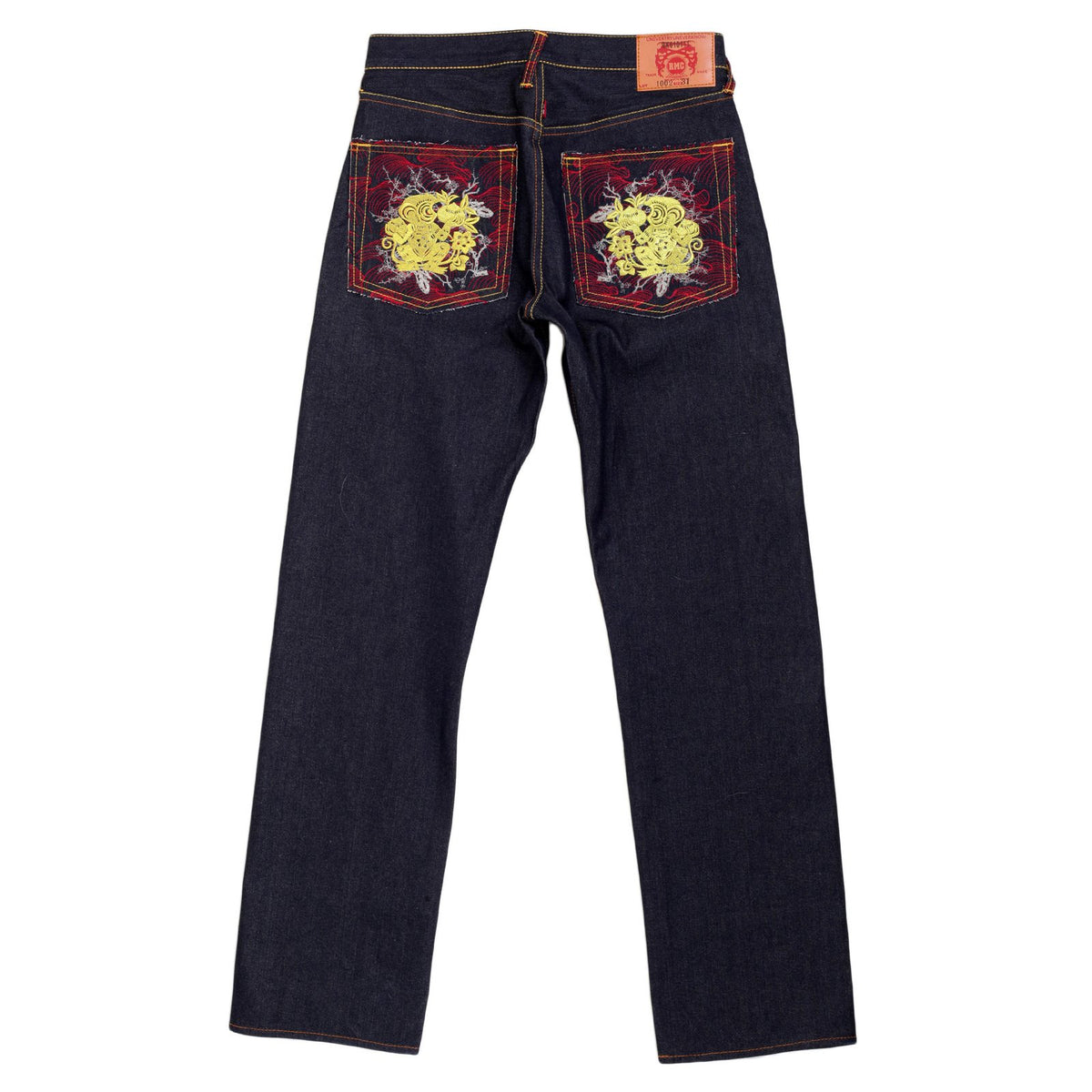 RMC JEANS GENUINE EXCLUSIVE GREEDY GOLDEN MONKEY EMBROIDERED VINTAGE RAW SELVEDGE JEANS REDM9065