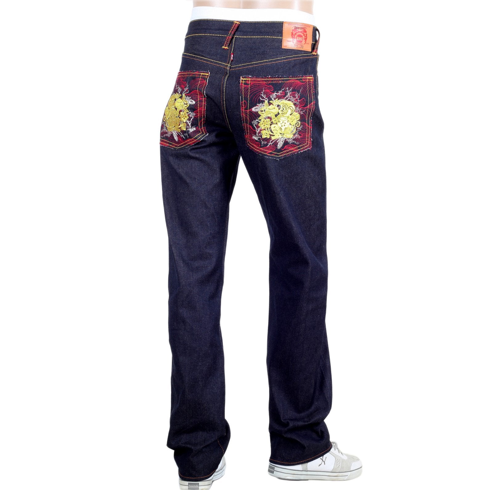 RMC JEANS GENUINE EXCLUSIVE GREEDY GOLDEN MONKEY EMBROIDERED VINTAGE RAW SELVEDGE JEANS REDM9065