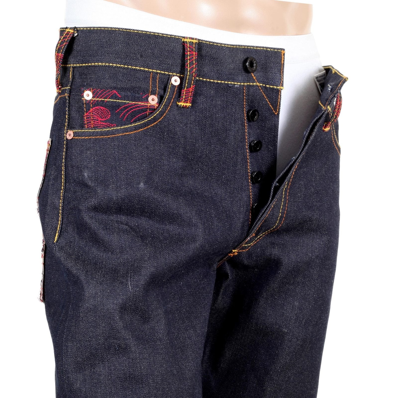 RMC JEANS GENUINE EXCLUSIVE GREEDY GOLDEN MONKEY EMBROIDERED VINTAGE RAW SELVEDGE JEANS REDM9065