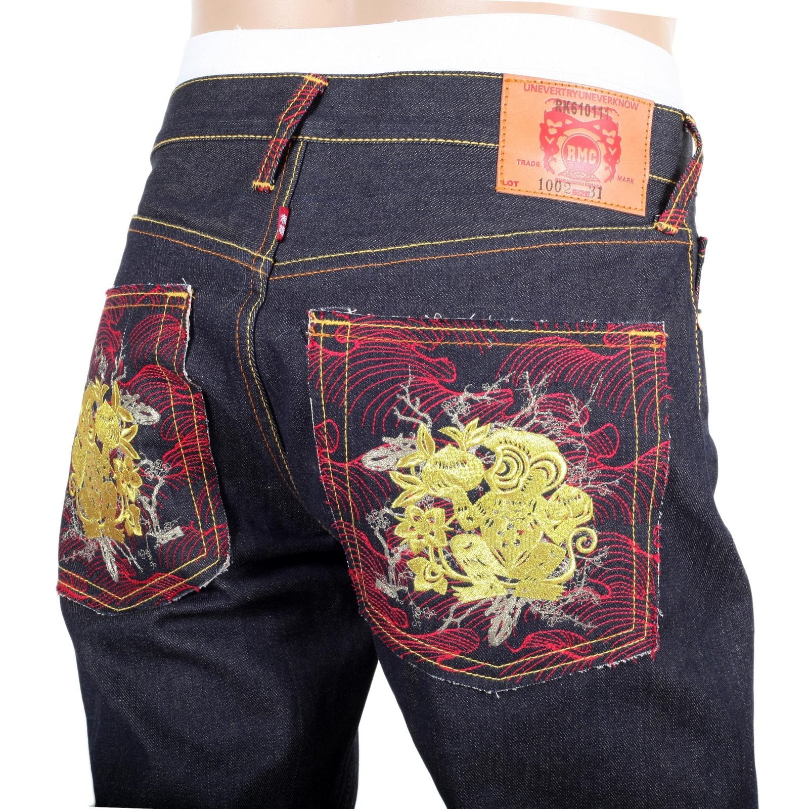 RMC JEANS GENUINE EXCLUSIVE GREEDY GOLDEN MONKEY EMBROIDERED VINTAGE RAW SELVEDGE JEANS REDM9065