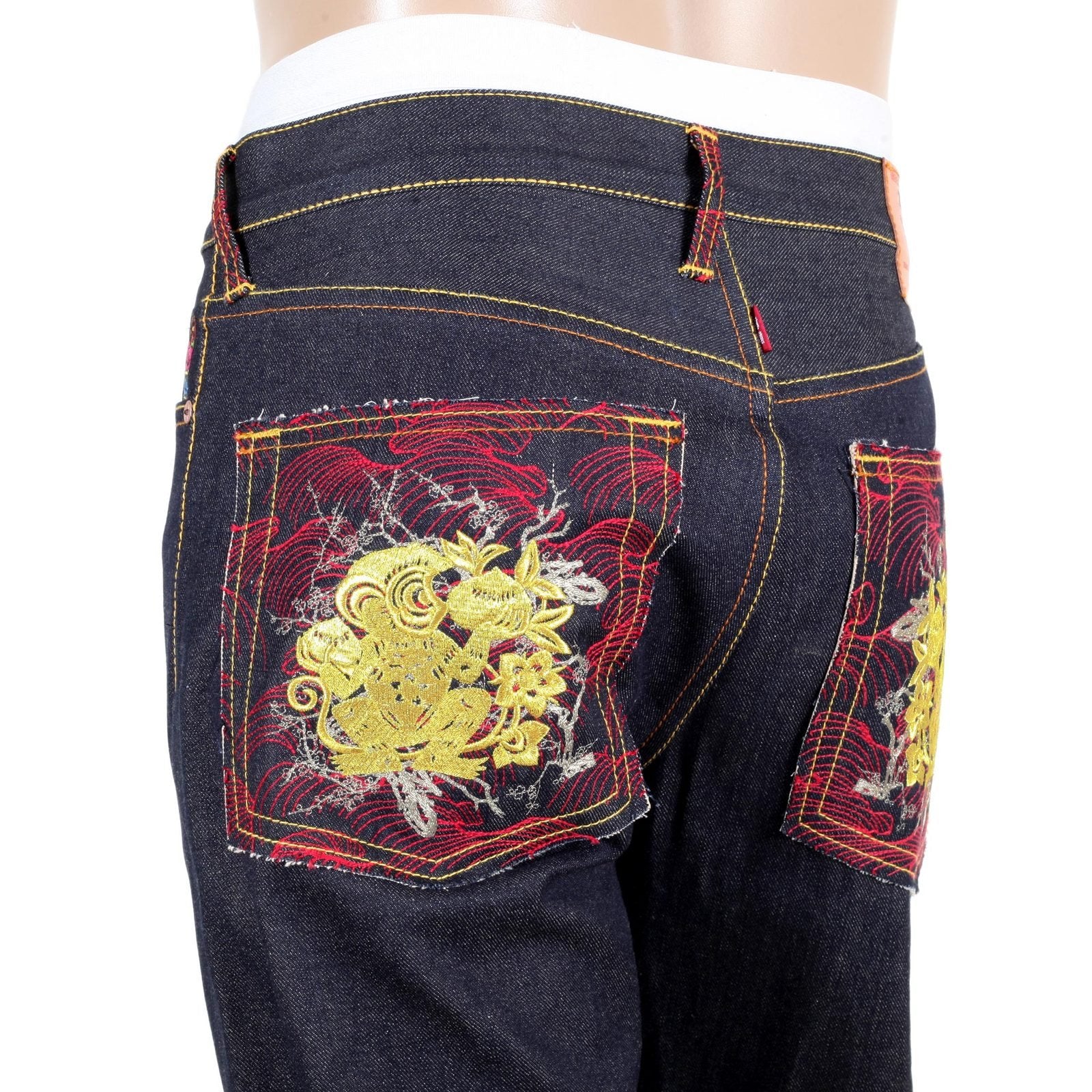 RMC JEANS GENUINE EXCLUSIVE GREEDY GOLDEN MONKEY EMBROIDERED VINTAGE RAW SELVEDGE JEANS REDM9065